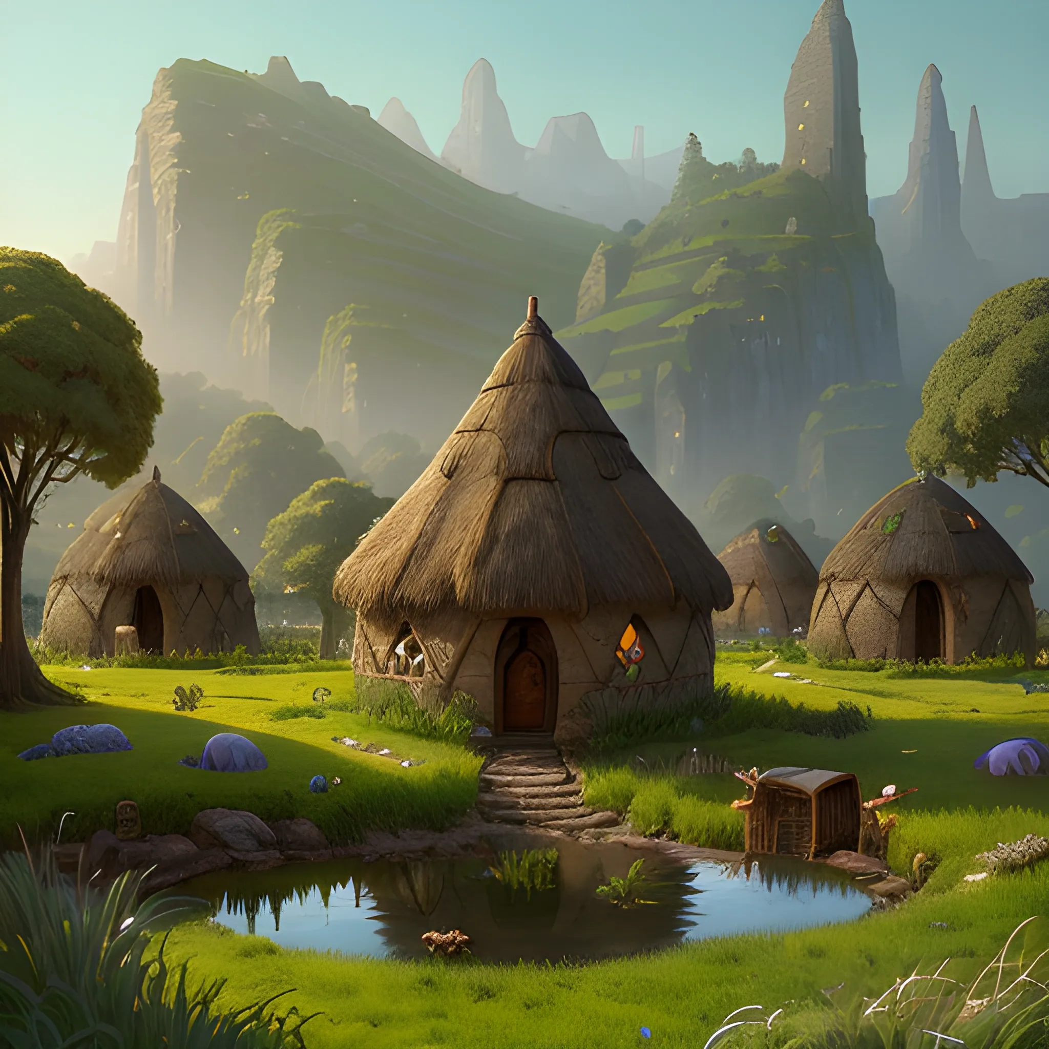 beautiful matte art of a bronze age round house village in a grass landscape, by albert bierstadt, green grass, highly detailed, crystal lighting, mystical, hyperrealistic, 4 k, unreal engine, magical, by joe fenton, by greg rutkowski, by greg tocchini, by kaws, by kate beaton, by kaethe butcher 