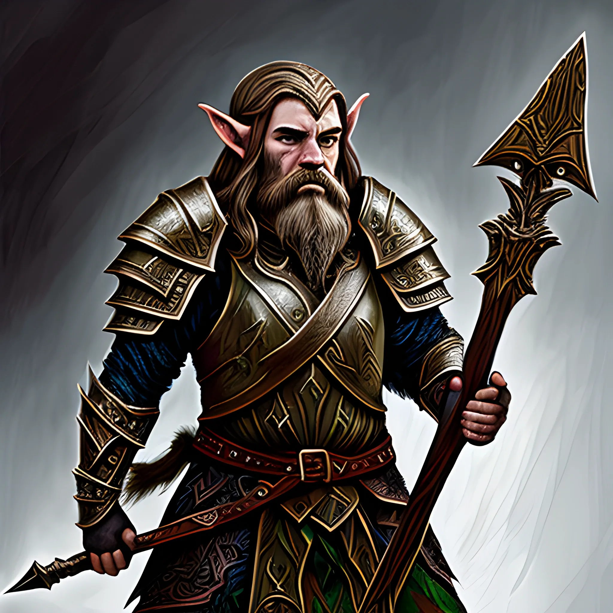 Elven dwarf in elven armor holding an axe, expressionism, in bold, broad strokes, very high detail digital art, realistic, dark atmosphere