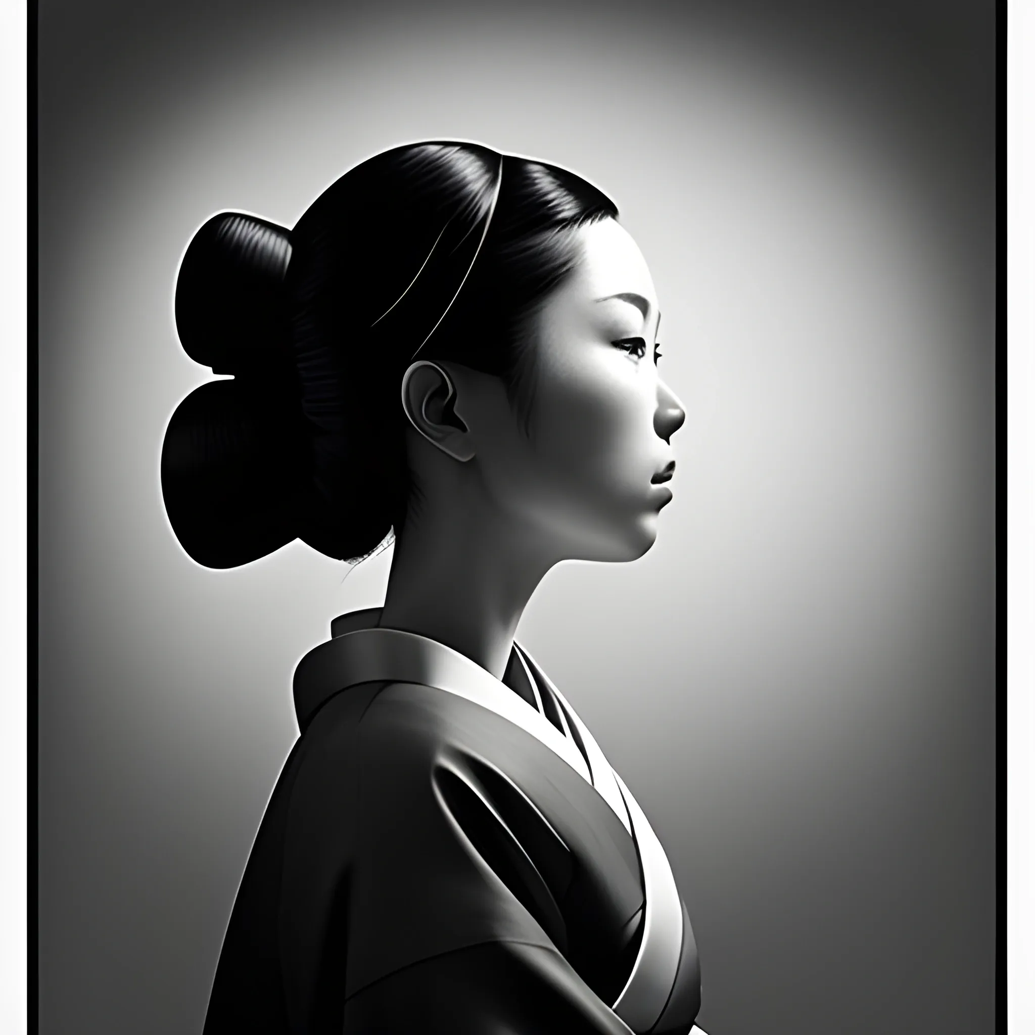 Side view of a woman wearing a kimono in a chiaroscuro style