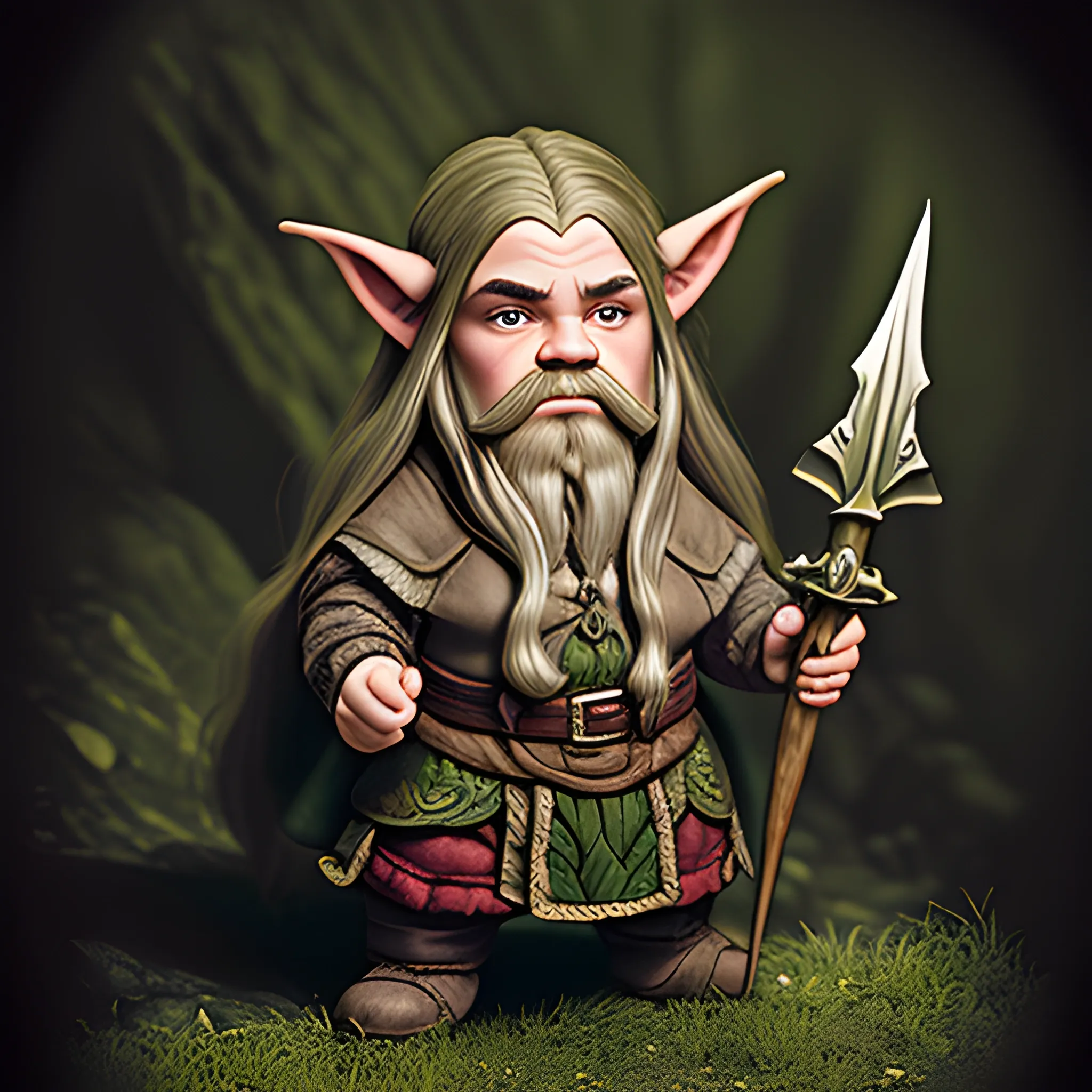 dwarf dressed in elven clothes, with long hair and pointed ears in a chiaroscuro style