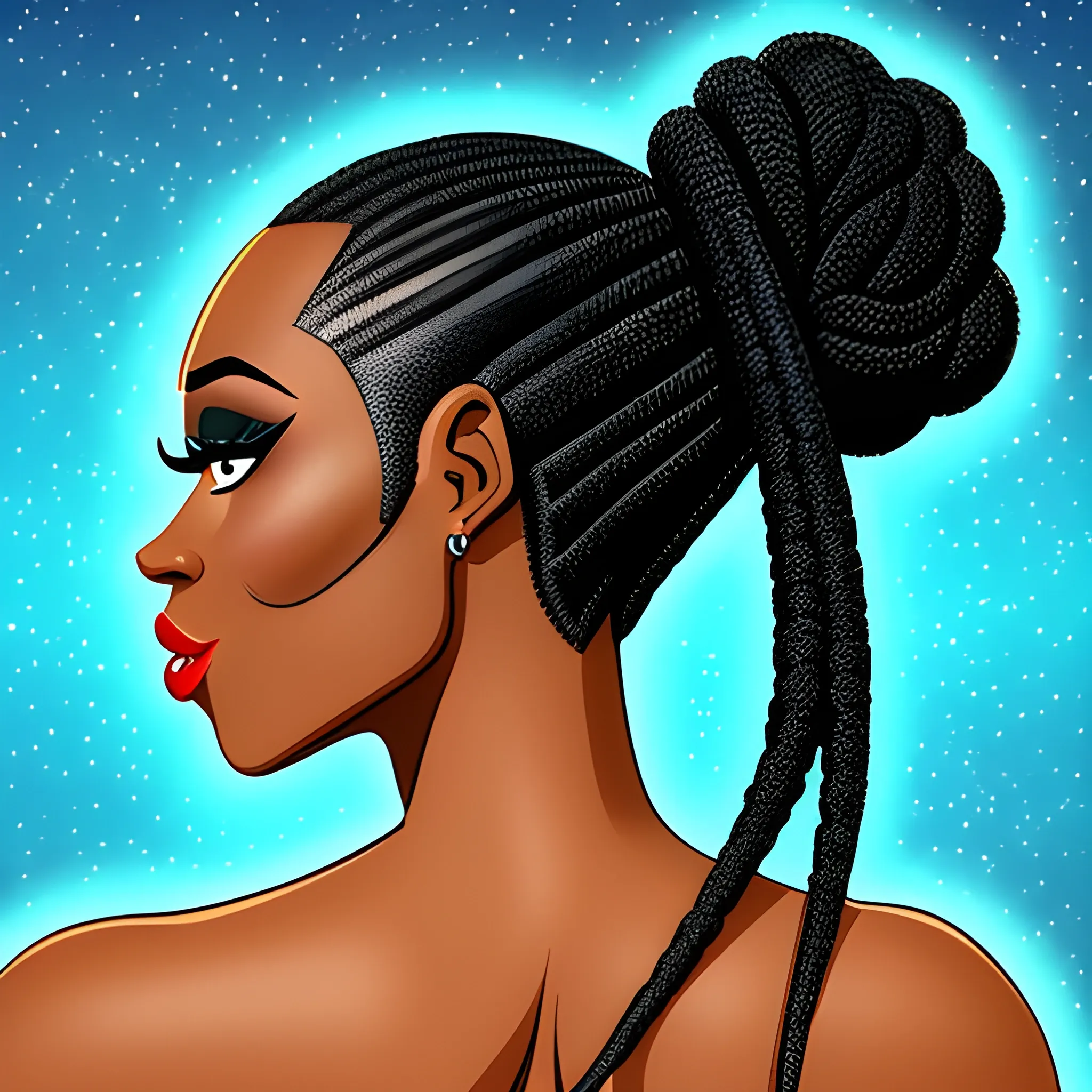 back view, sofisticated, Cartoon, small head black woman, braided hair , dancing. background