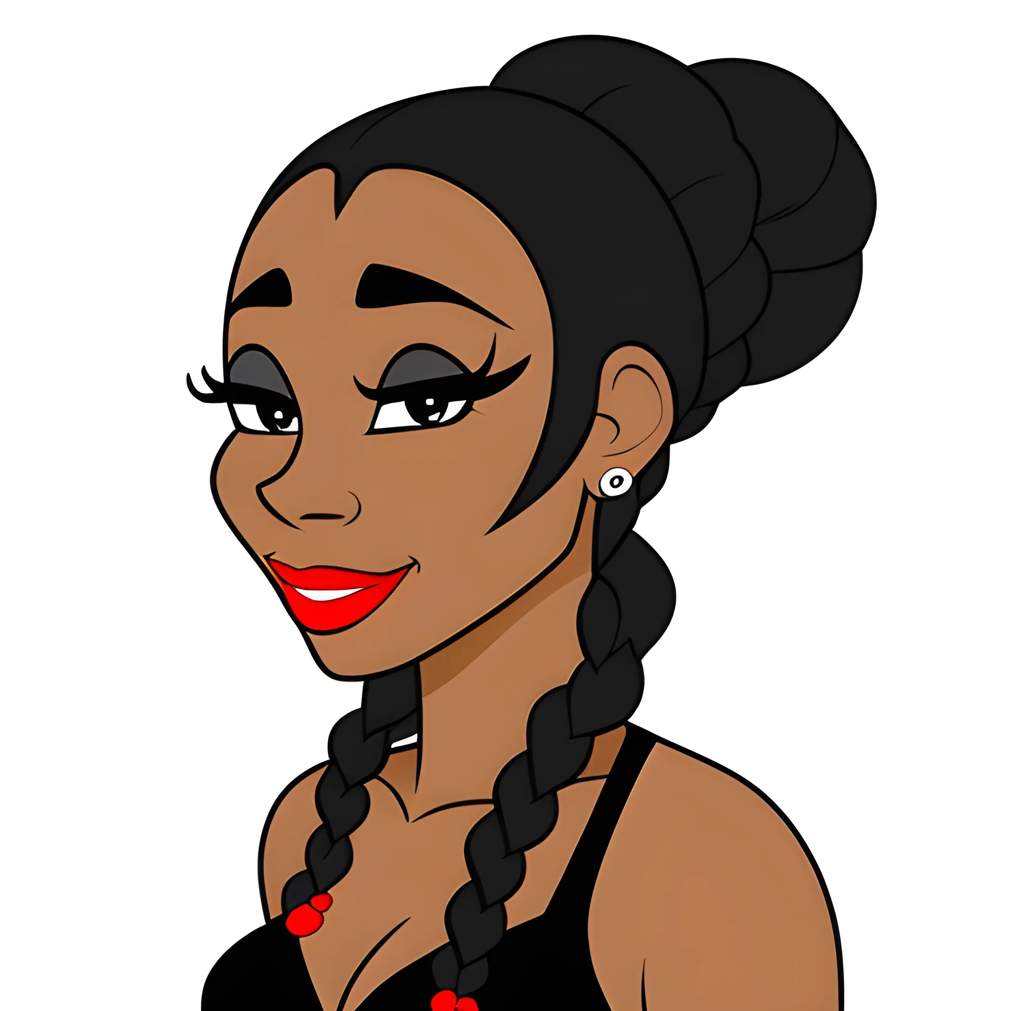 front view, sofisticated, Cartoon, small head black woman, braided hair , dancing. background