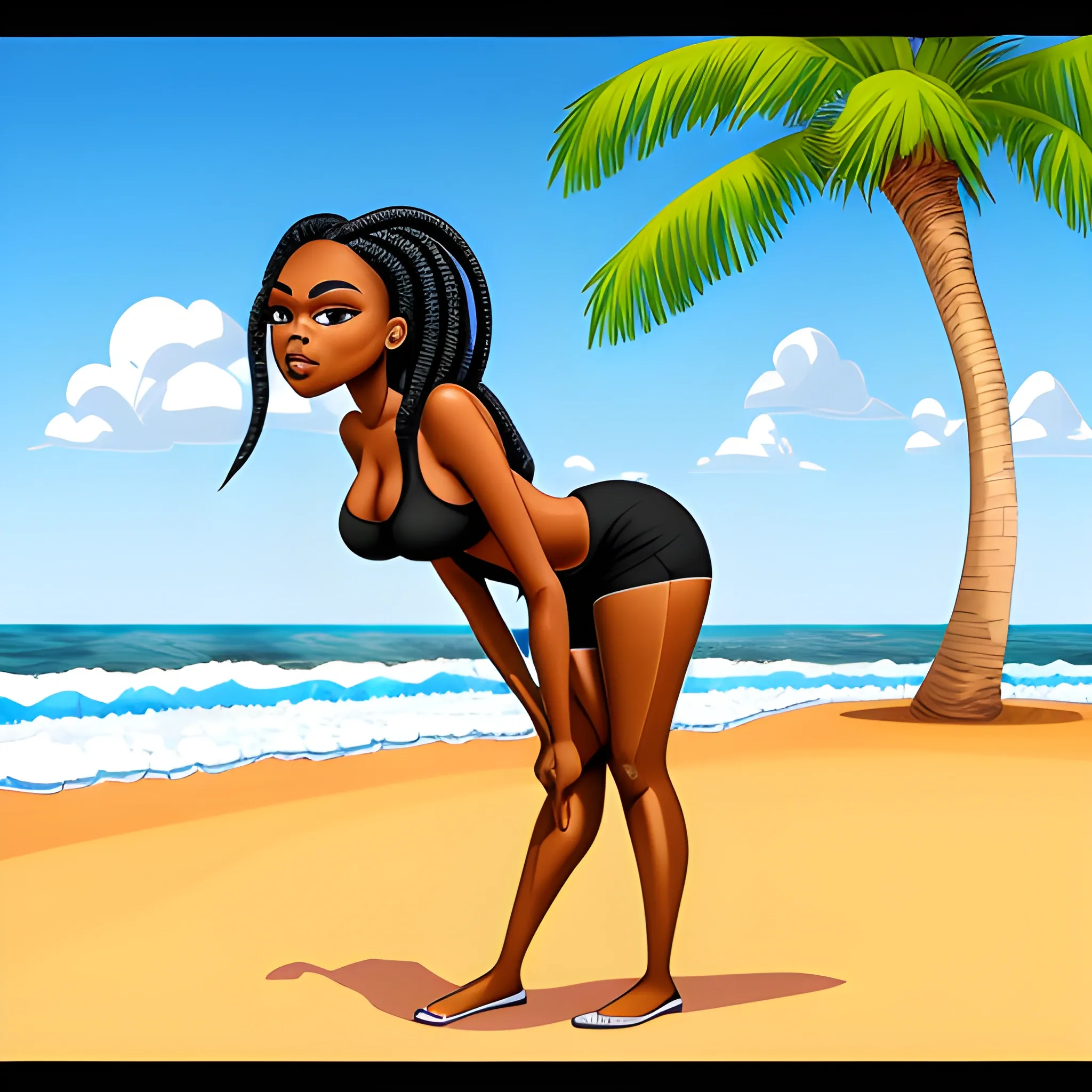 front view, realistic tall, sophisticated black woman on beach, in braids, Cartoon, bend over. background, Trippy