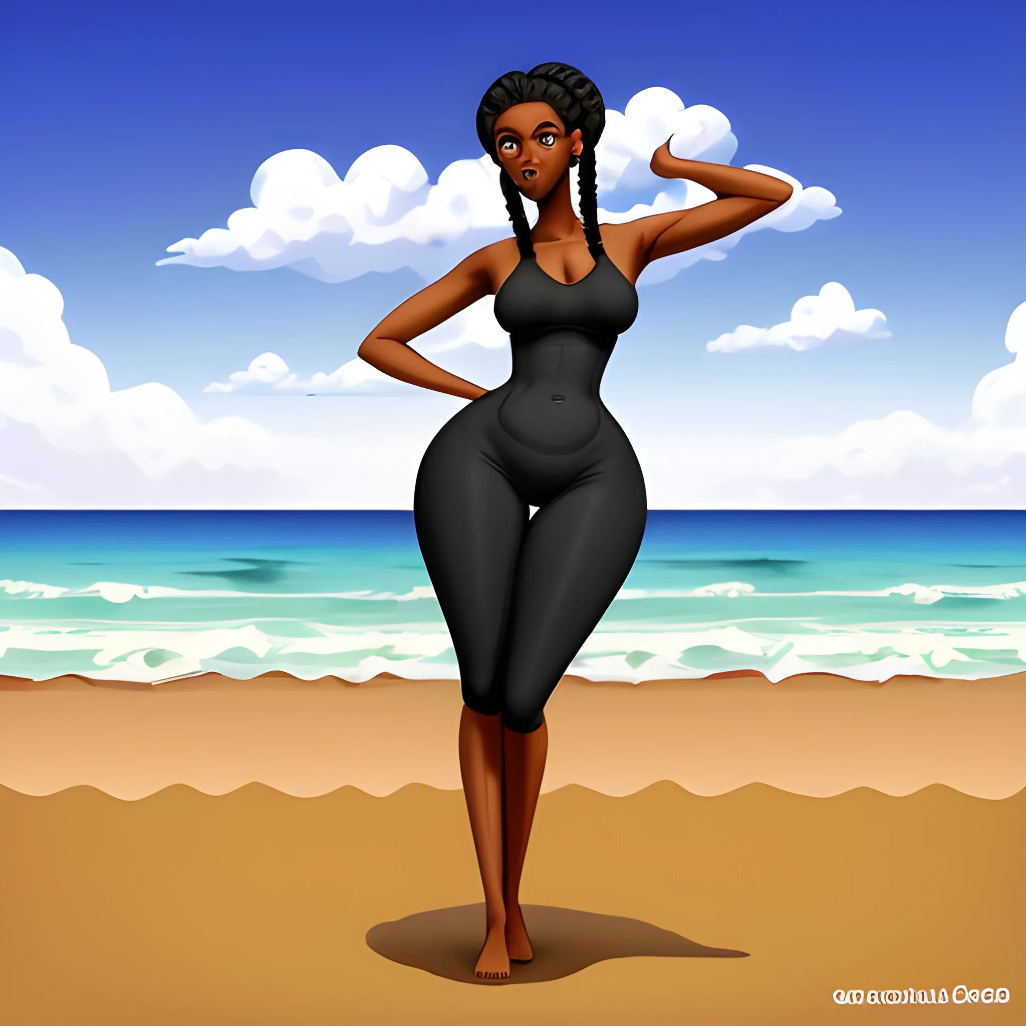 front view, realistic tall, sophisticated black woman on beach, ... -  Arthub.ai