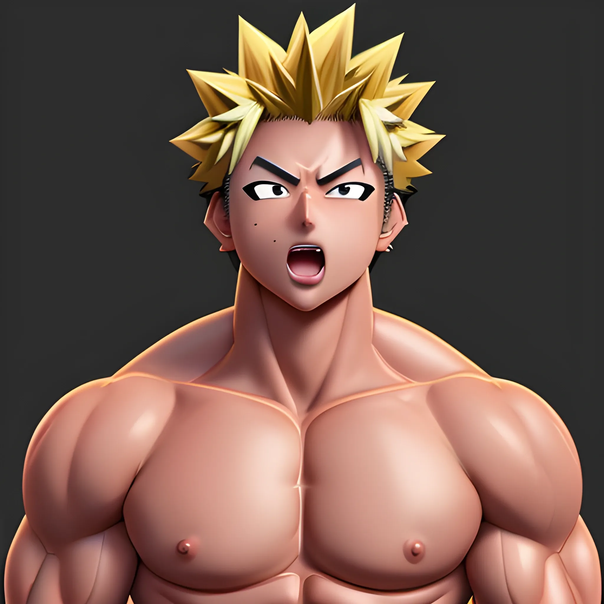 1 man, bakugo, hyper muscular, thick pecs, shirtless, shiny skin, sweat, tongue out, blushed, 3D