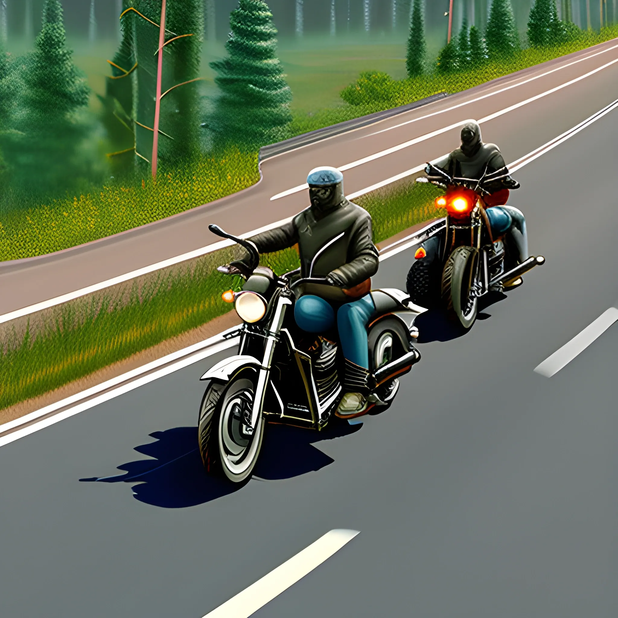 a motorcycle on the highway with thunder and wolves along the road realistic , Cartoon