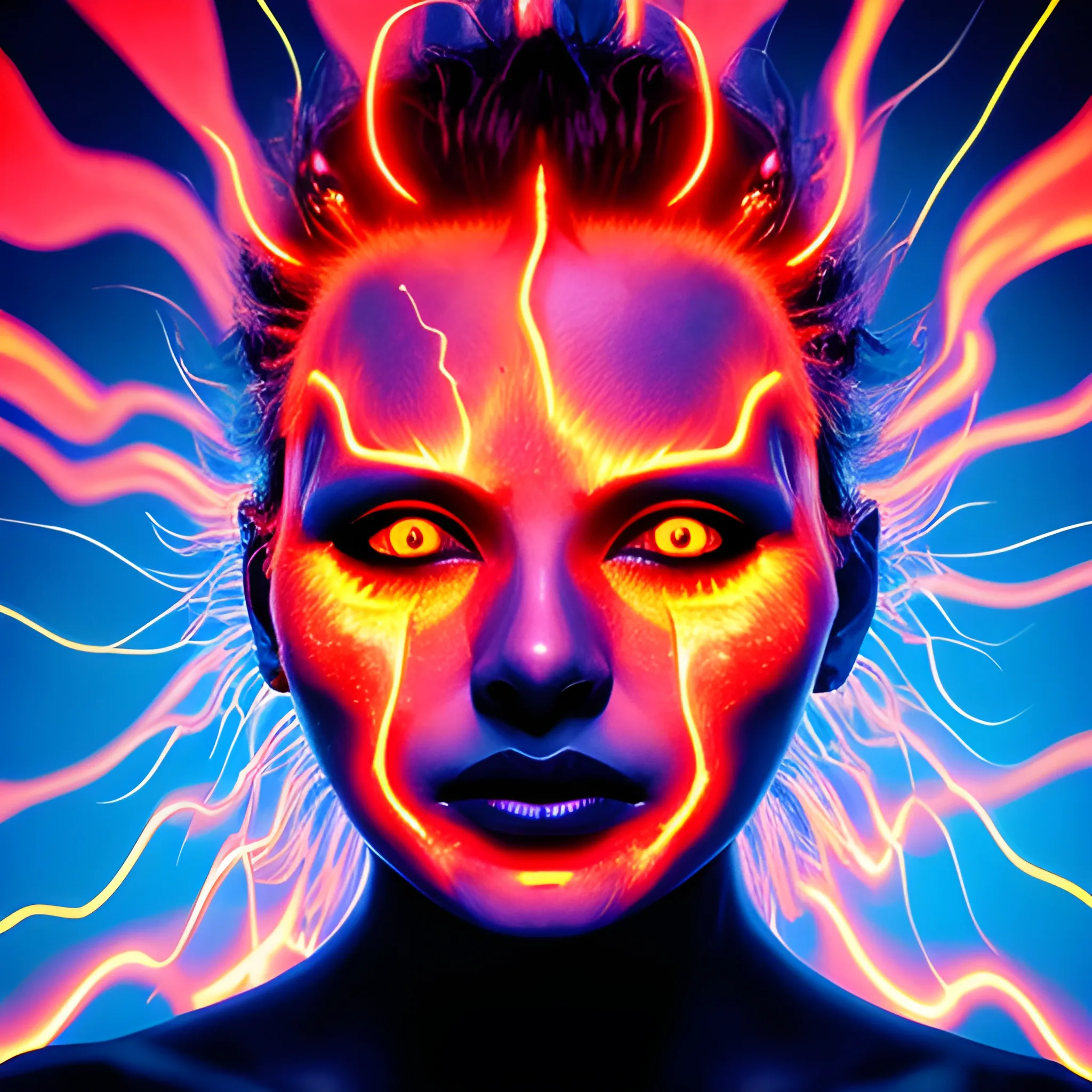 a woman's face with electric head static dance in a lava volcano Realistic, Surrealist, Dramatic, Beautiful Lighting, Evil, Fear, , Trippy