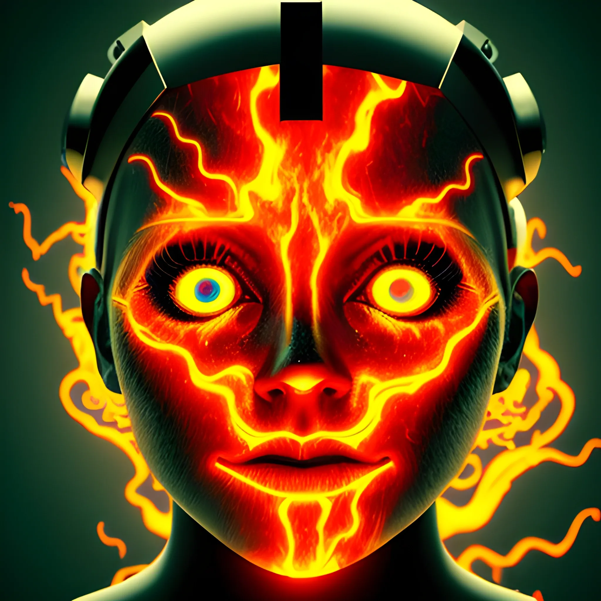 a woman's face with robotic head static dance in a lava volcano Realistic, Surrealist, Dramatic, Beautiful Lighting, Evil, Fear, , Trippy