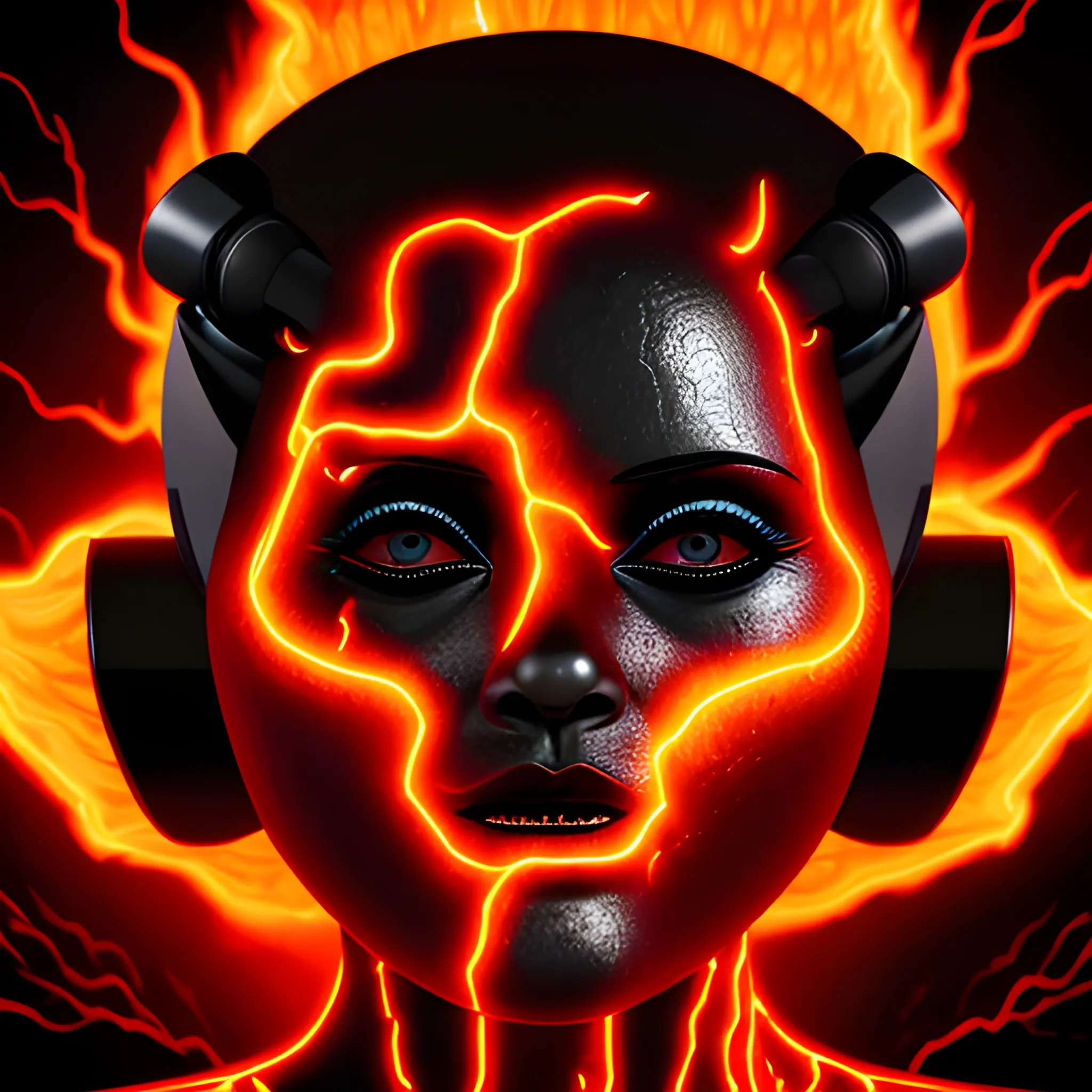 a woman's face with robotic head static dance in a lava volcano Realistic, Surrealist, Dramatic, Beautiful Lighting, Evil, Fear, , , Cartoon