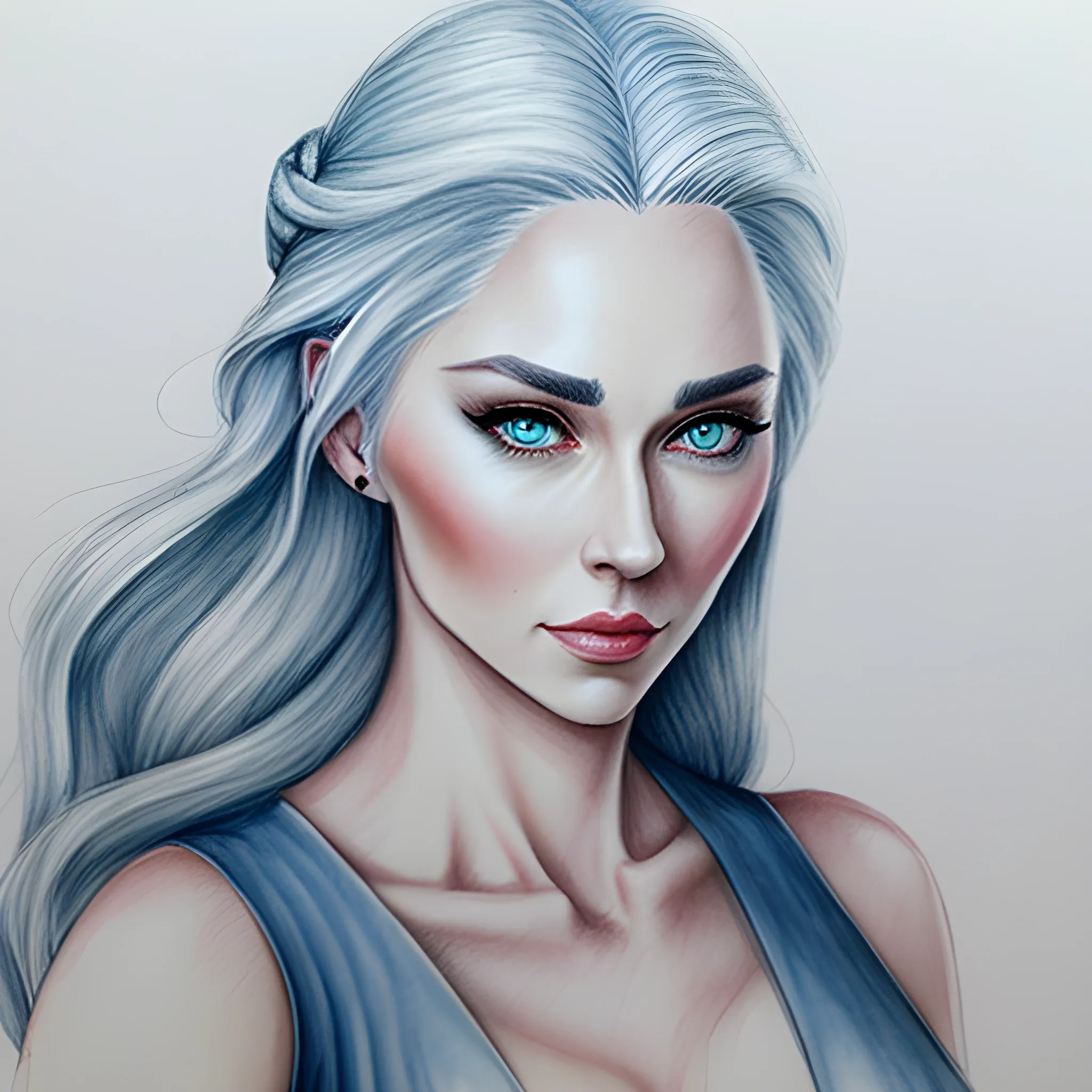 A Realistic Female Targaryen., Pencil Sketch, Water Color, young looking, blue gray eyes