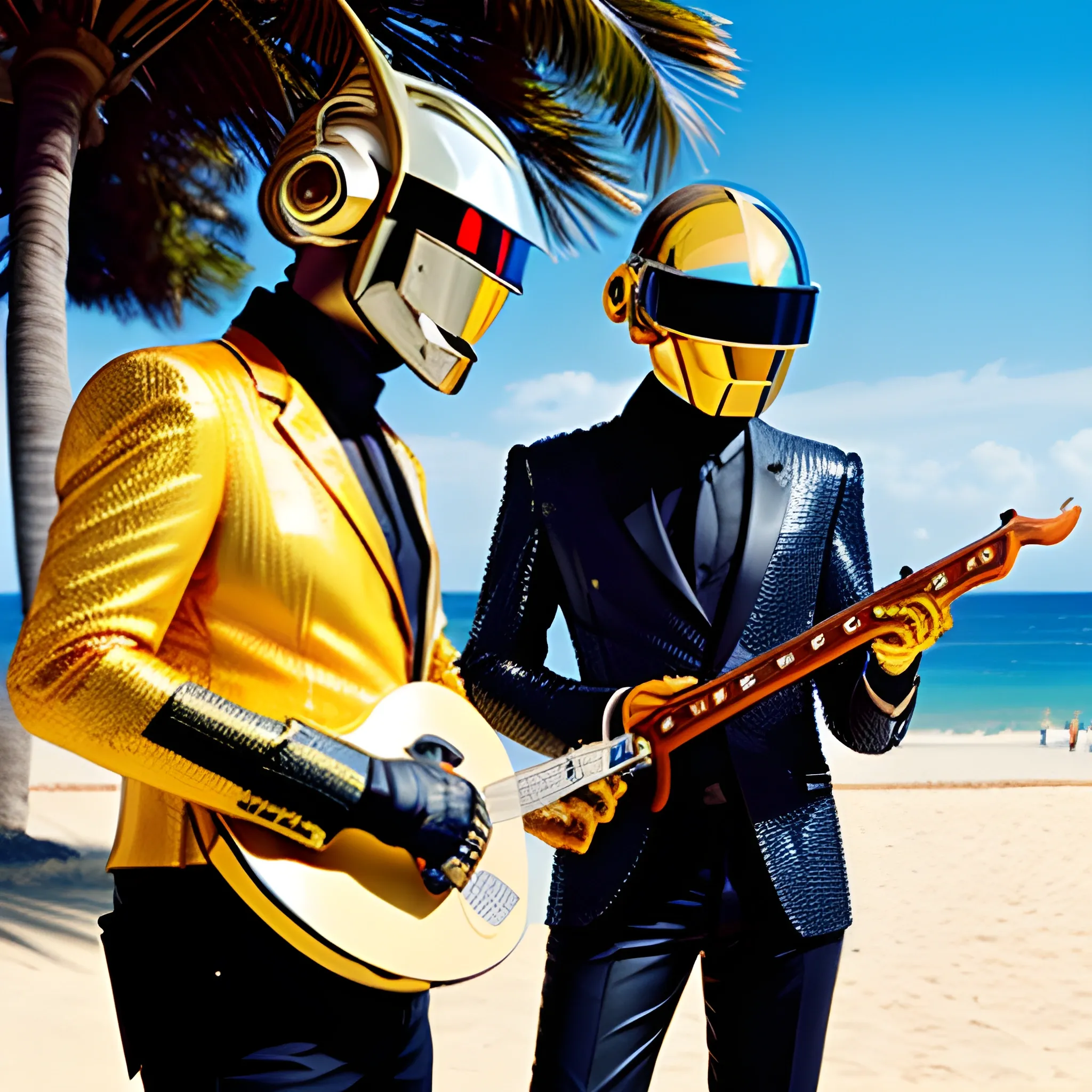 daft punk playing guiro instrument at the beach - Arthub.ai