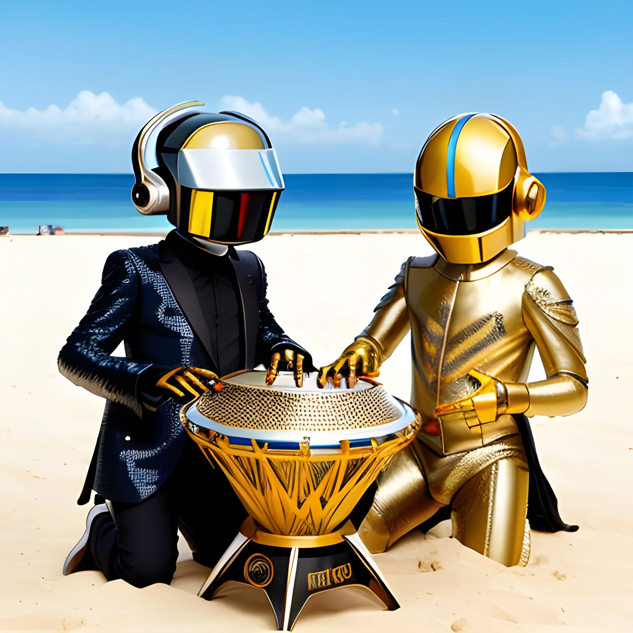 daft punk playing merengue tambora instrument at the beach - Arthub.ai