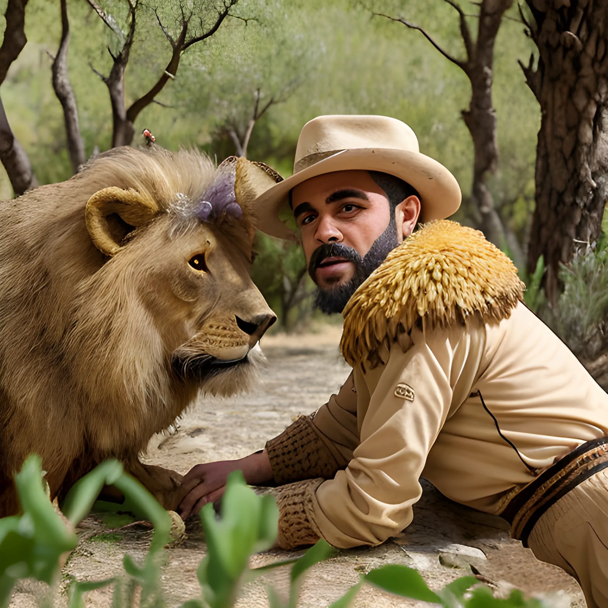 enfermero peleando con un león y de fondo la selva