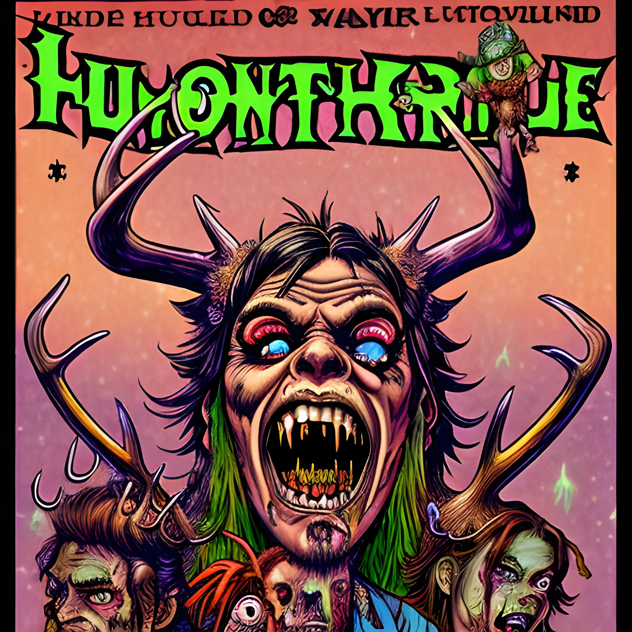 A monster and Barbarian hillbillies steampunk People with Antlers Zombie Horde Marauding maniacally humorously and Foolish, in the style of laser lighting, focused light beams, vibrant light patterns, colored laser lights, pulp comics, danger, pulp art, hyper-realistic manga style, lurid, magazine cover imagery, dynamic composition