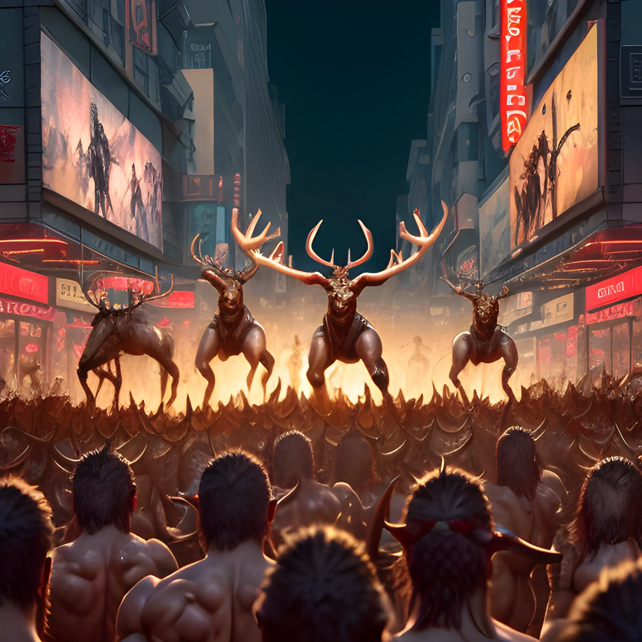 Hyperrealistic, photorealistic, a horde of male and female barbarians People with Antlers, fit and muscled physique, Full Body shot running into battle, high quality, Golden Hour realistic lighting, lifelike, realistic, Electric Nights Abstract Night Circuit City street Backdrop with red tech background