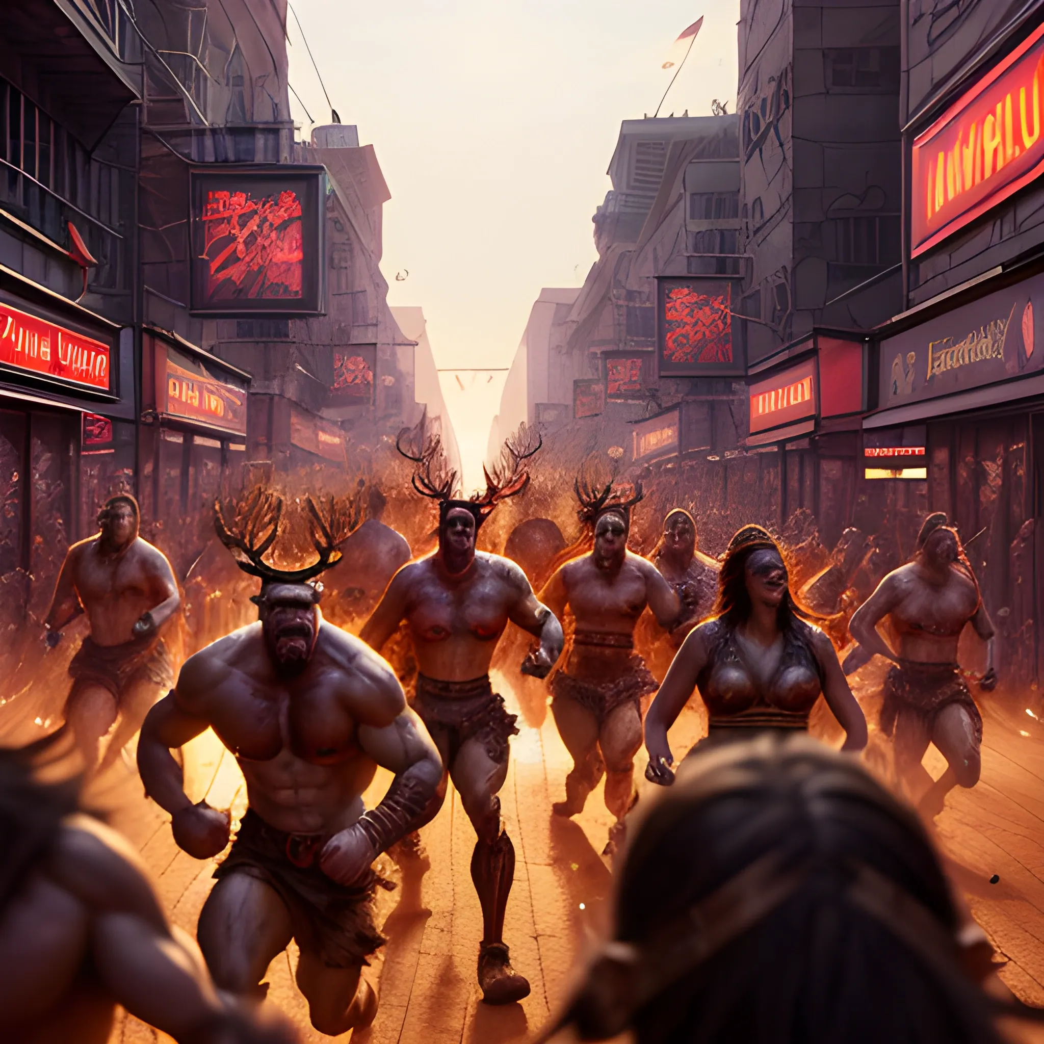 Hyper realistic, a horde of male and female barbarians People with Antlers, fit and muscled physique, Full Body shot running into battle, high quality, Golden Hour realistic lighting, lifelike, realistic, Electric Nights Abstract Night Circuit City street Backdrop with red tech background