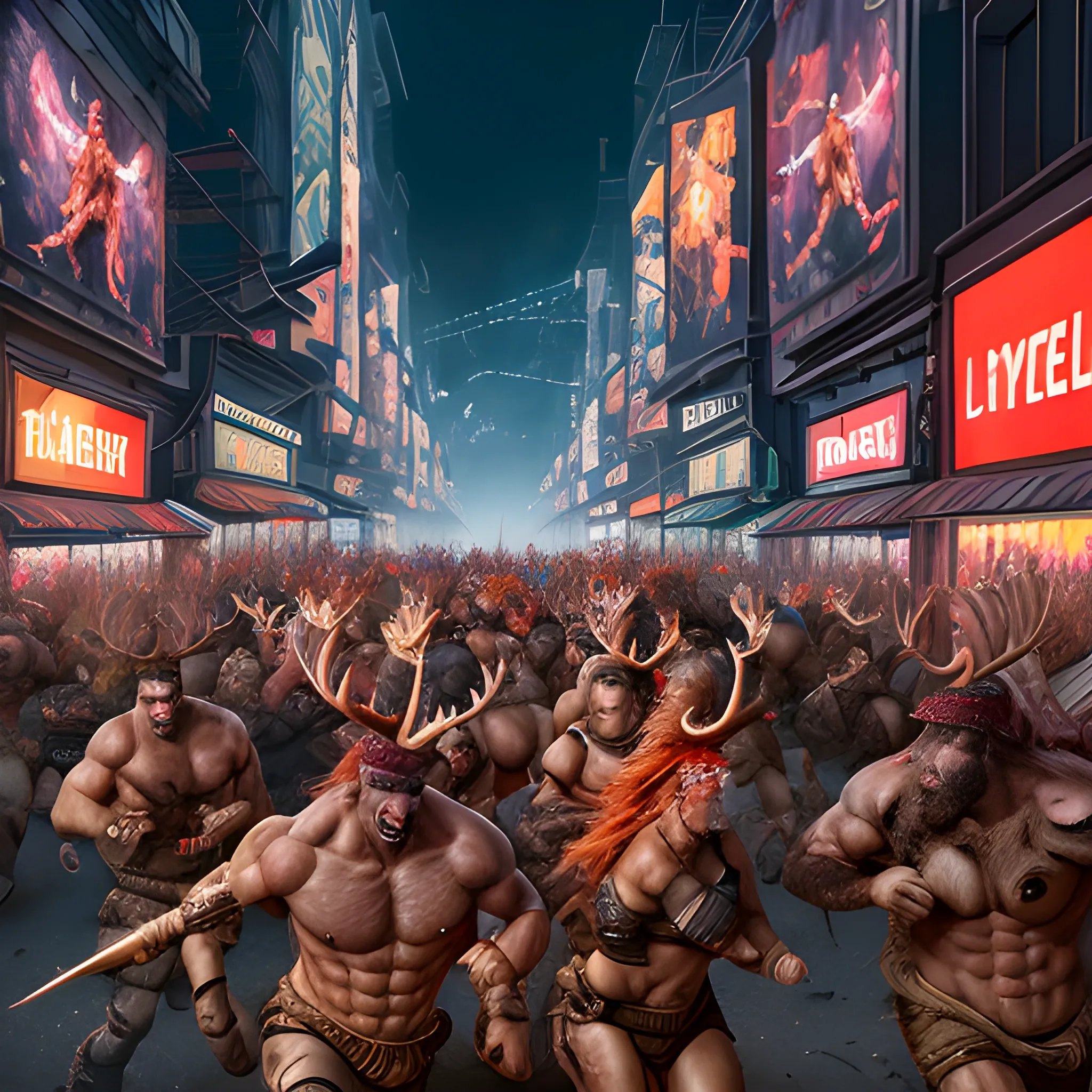 Hyper realistic, a horde of male and female barbarians People with Antlers holding assault rifles, fit and muscled physique, Full Body shot running into battle, high quality, Golden Hour realistic lighting, lifelike, realistic, Electric Nights Abstract Night Circuit City street Backdrop with red tech background