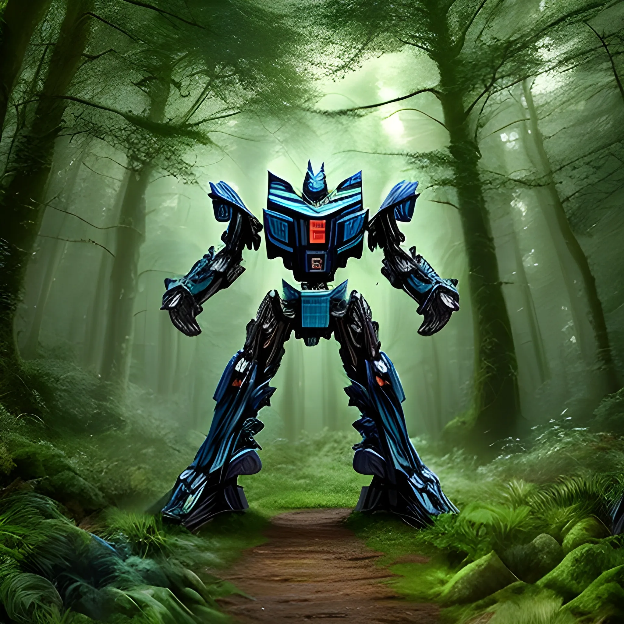 transformer in a woodland, majestic, no characters, natural, peaceful, detailed, scenic, fantasy, 