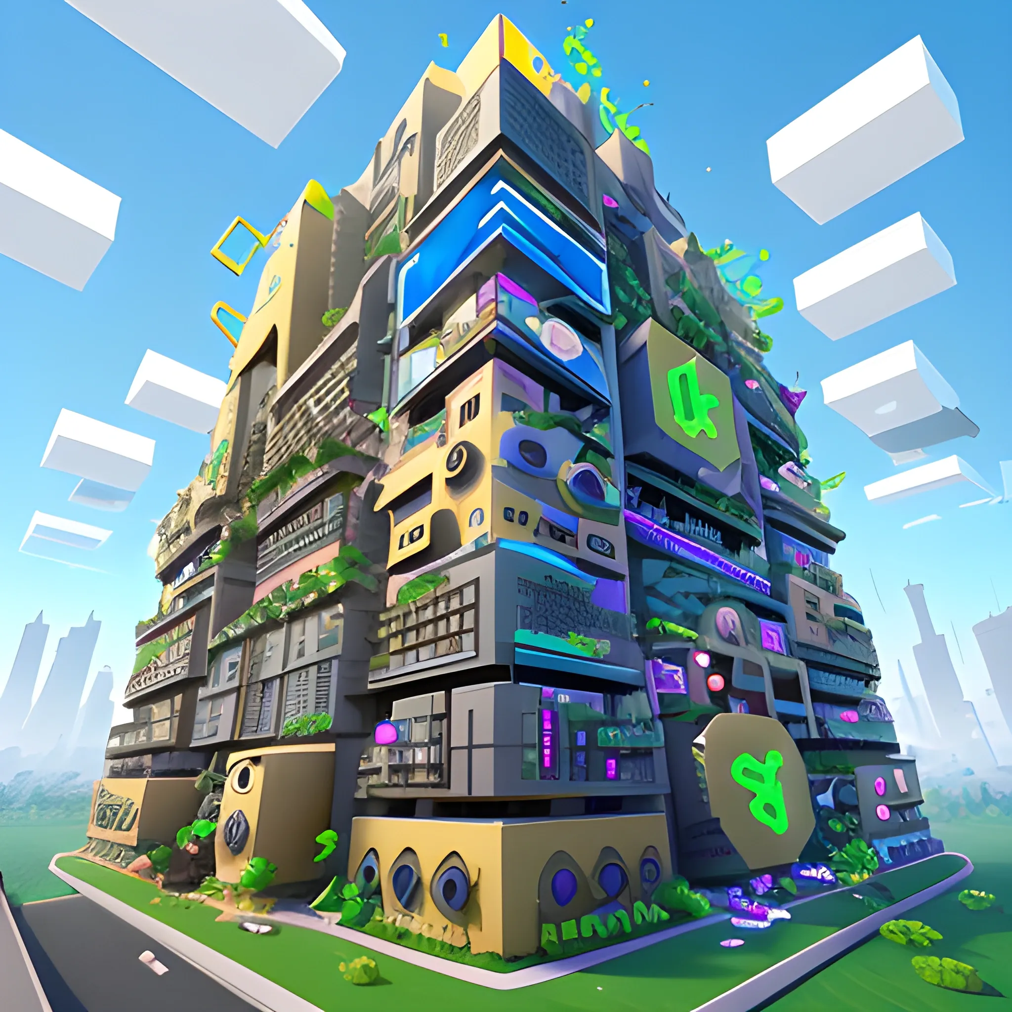 Gen Alpha dystopia, dank memes, cursed vibes, galaxy brain ideas, cringe fever dream, hyperfixated hellscape, TikTok influenced cityscape, Roblox architecture, emoji communication, viral trends everywhere