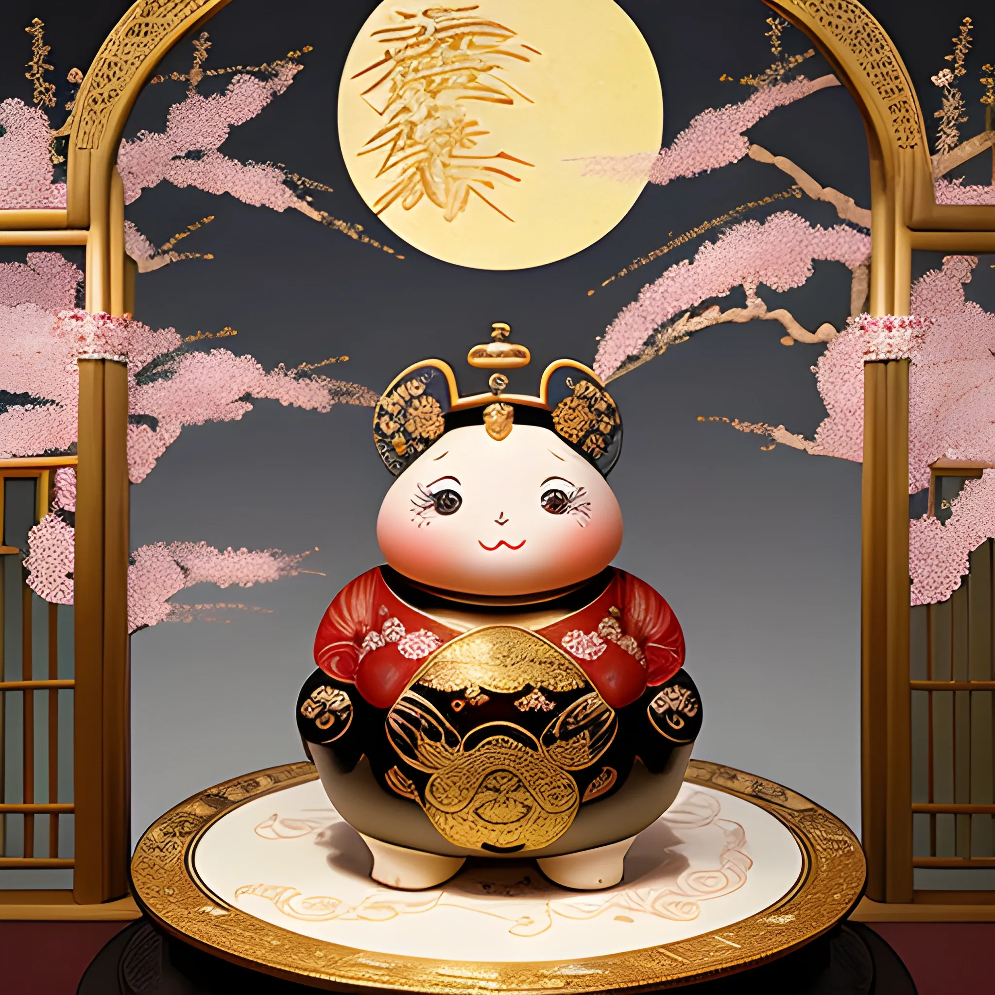 A rotund imperial figure, adorned in intricate, golden dragons embroidered on crimson silk, savors delicate, fluffy pastries amidst a serene, moonlit garden, surrounded by wispy bamboo and delicate cherry blossoms, evoking the elegance of classical Chinese watercolor.