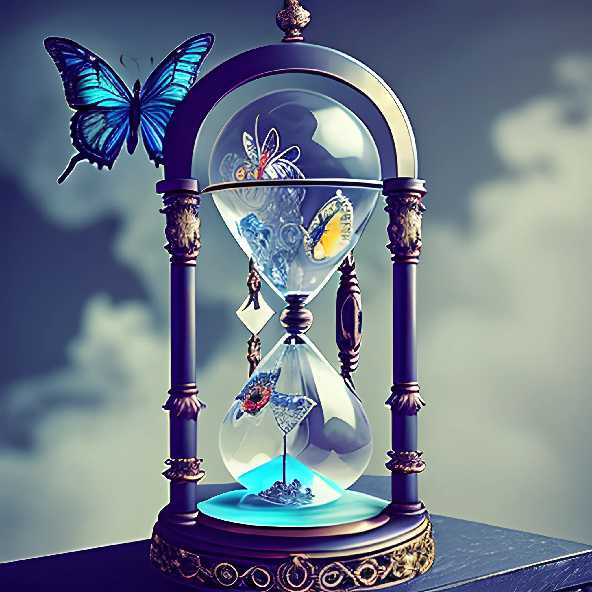 A fragile, crystal antique Hourglass sits atop an ornate, gothic-inspired clockwork mechanism, surrounded by wispy tendrils of fog and fluttering, iridescent butterflies. The atmosphere is thick with nostalgic melancholy, as if time itself was slowly unraveling.
