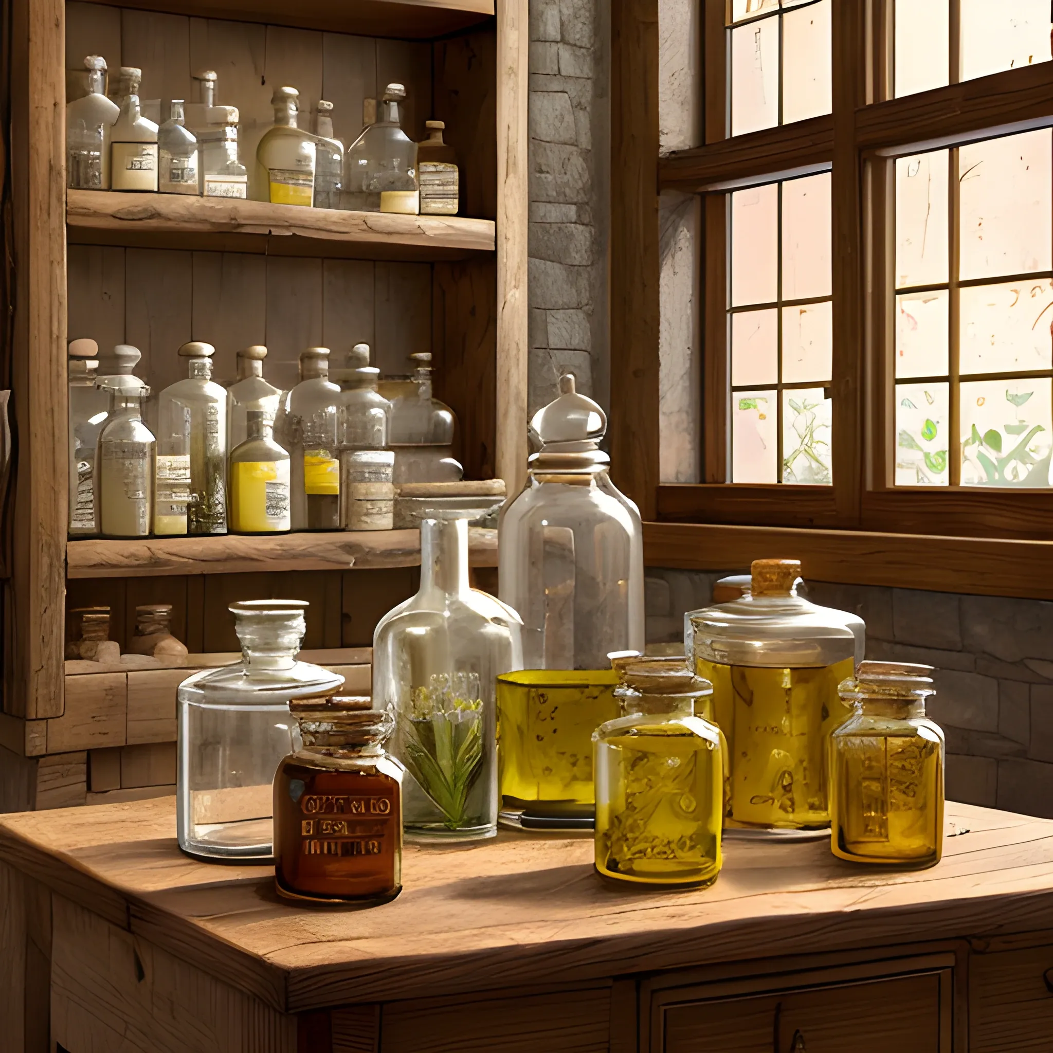 A still life arrangement of apothecary jars, adorned with subtle, hand-drawn botanical illustrations, sits atop a worn, wooden counter. Warm, golden light casts a gentle glow on the trio of ingredients: a rich, velvety olive oil, a vibrant, crimson cayenne pepper, and a burst of citrusy freshness from a sliced lemon. The atmosphere is one of rustic, earthy simplicity, evoking the charm of a quaint, medieval-era pharmacy. 