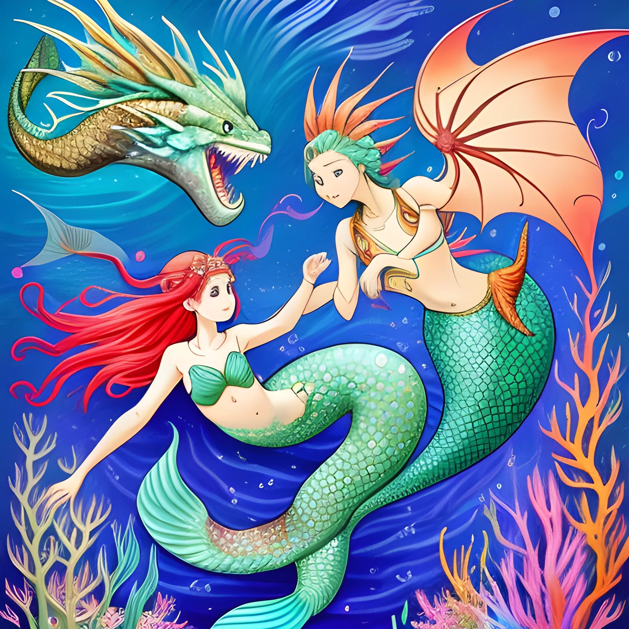 Fish, colorful, a graceful Mermaid swimming alongside a magical Dragon, vibrant, detailed, fantasy, studio Ghibli-style