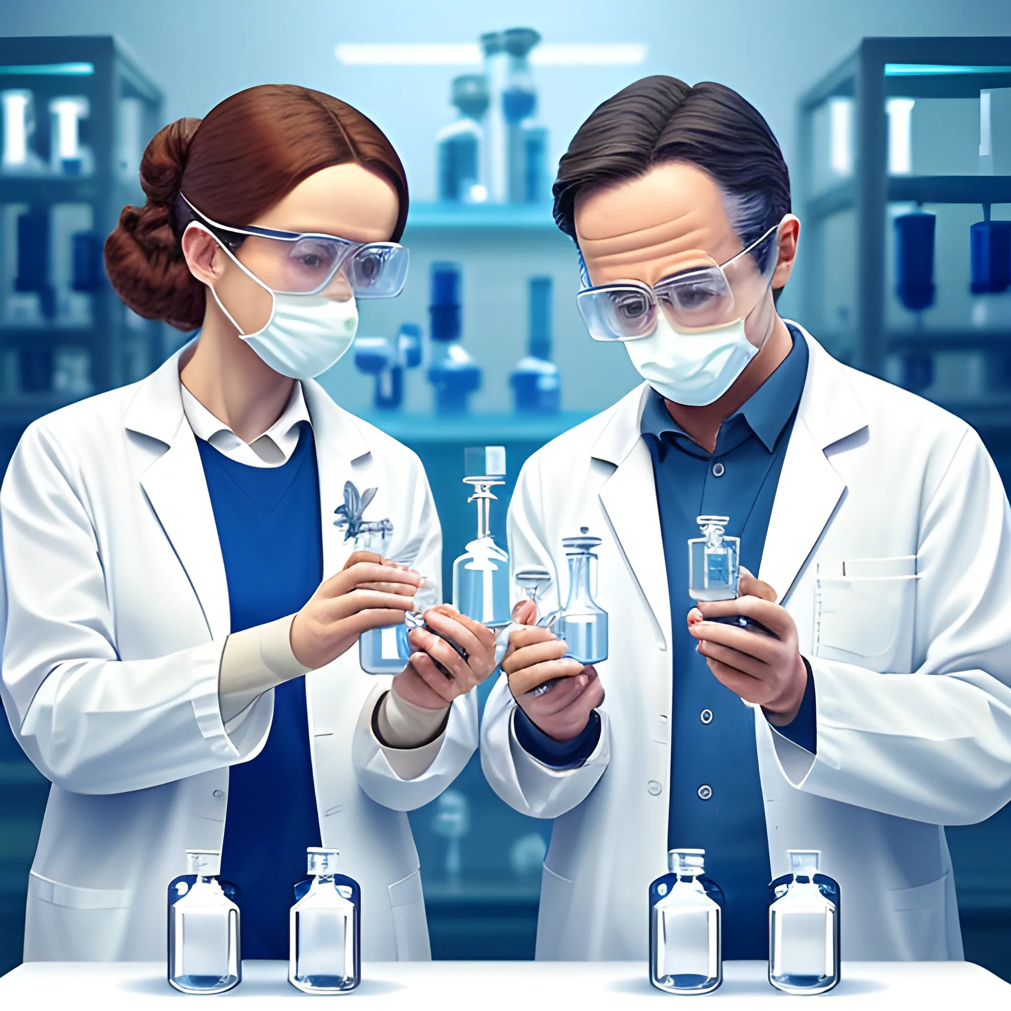 A laboratory setting showcasing a chemical reaction Two scientists are observing the reaction one holding a flask containing aluminum oxide (Al₂O₃) and the other holding carbon (C) The image features detailed molecular structures of Al₂O₃ and C with visible reaction effects like gas emissions The style is realistic and resembles scientific illustrations found in textbooks