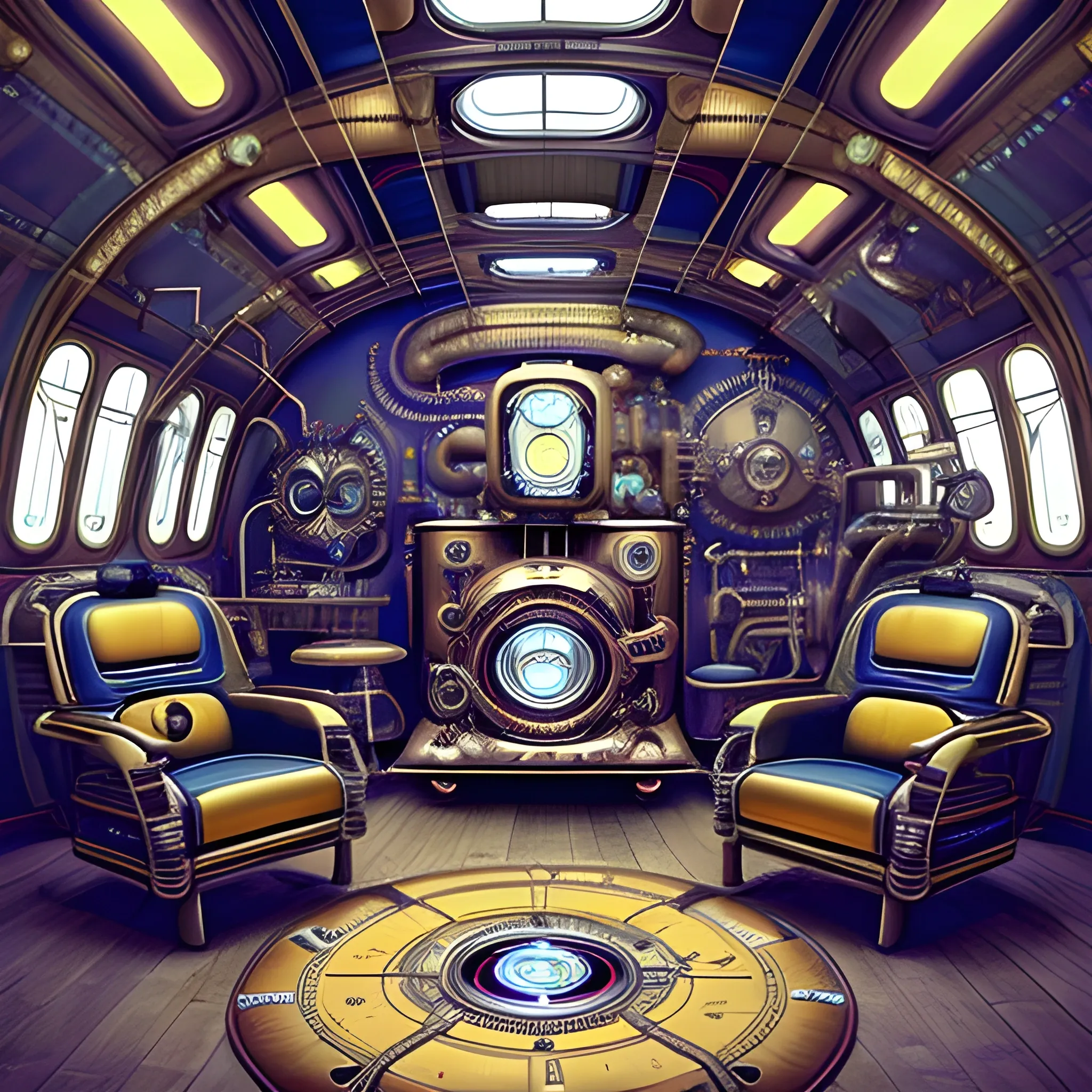 A vibrant cosmic background with a myriad of futuristic spaceships. The central focus is a large, circular space station with a unique, infinity-like shape. The central focus is a large, circular space station with a unique room.A luxurious (((steampunk-inspired))) 31st century alien living room.The house is powered by intricate machines inspired by Leonardo da Vinci and Nikola Tesla. A 60" video screen, in the wall. Facing the alien family sitting on their couch.A starship made from the following: a beat up old washer, MRI Machine, Giant Cast Iron Wood Stove, 1934 Winnebago, tons of duct tape, odd vehicle parts, 2 large shipping containers,1924 Deusenberg, a 1934 Winnebago, tons of duct tape, odd vehicle parts, two large shipping containers, and a 1924 Deusenberg.