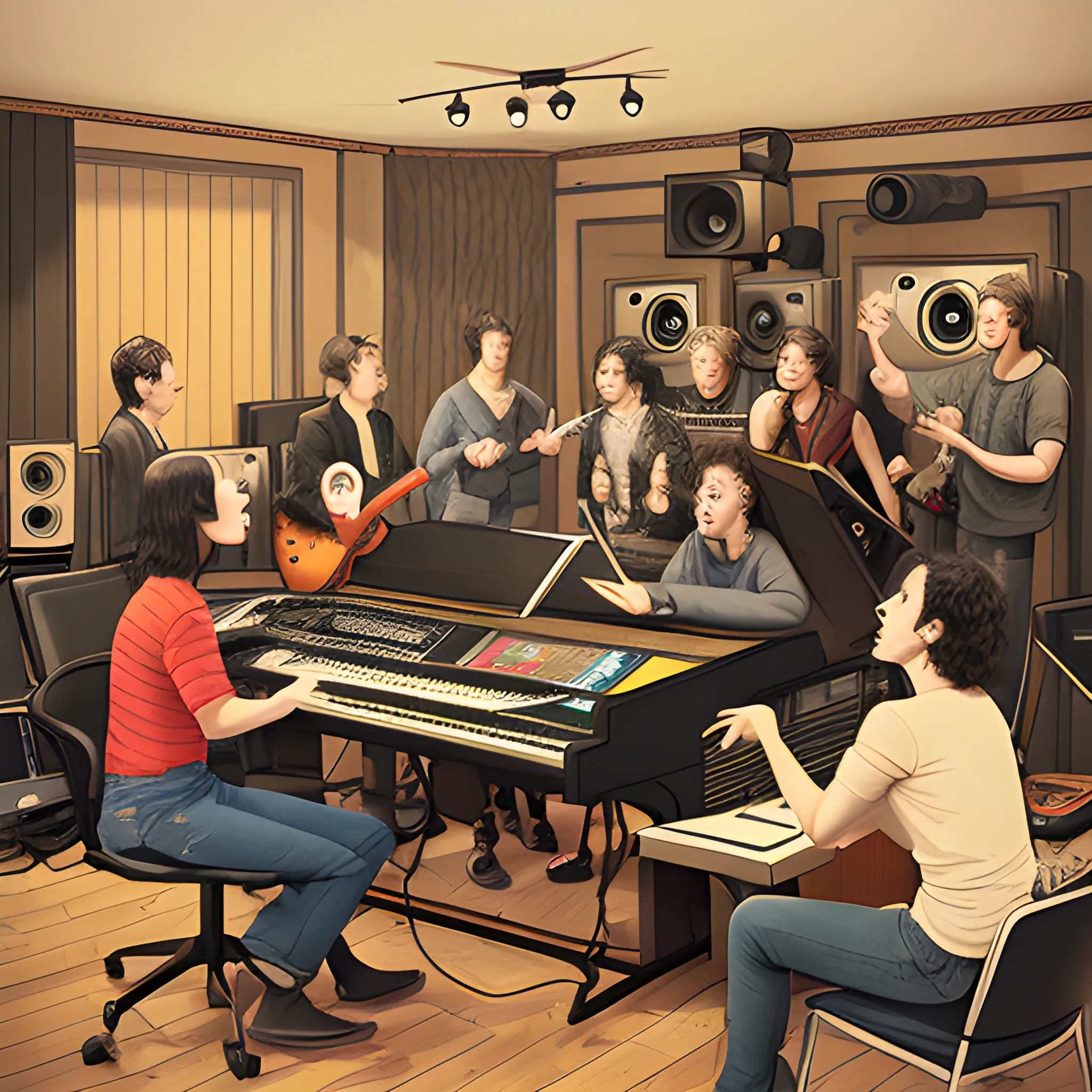 family and friends arguing in a music studio dramatic illustration