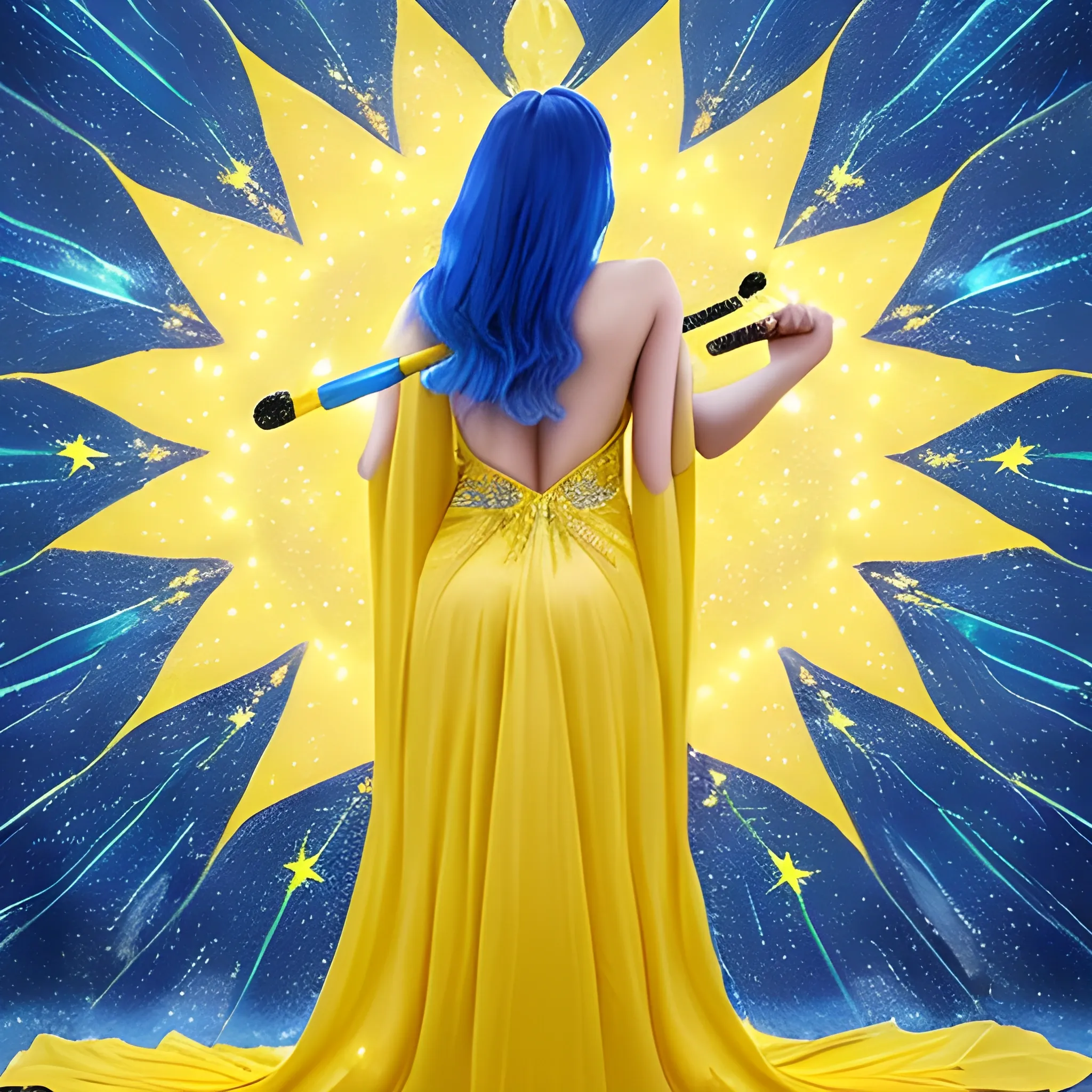 A woman standing with Ukrainian yellow and Ukrainian blue stars out a wand. She’s in a long draped dress with her back turned the sky is a spray of sparkling glitter yellow and blue in a mist all around the sky 