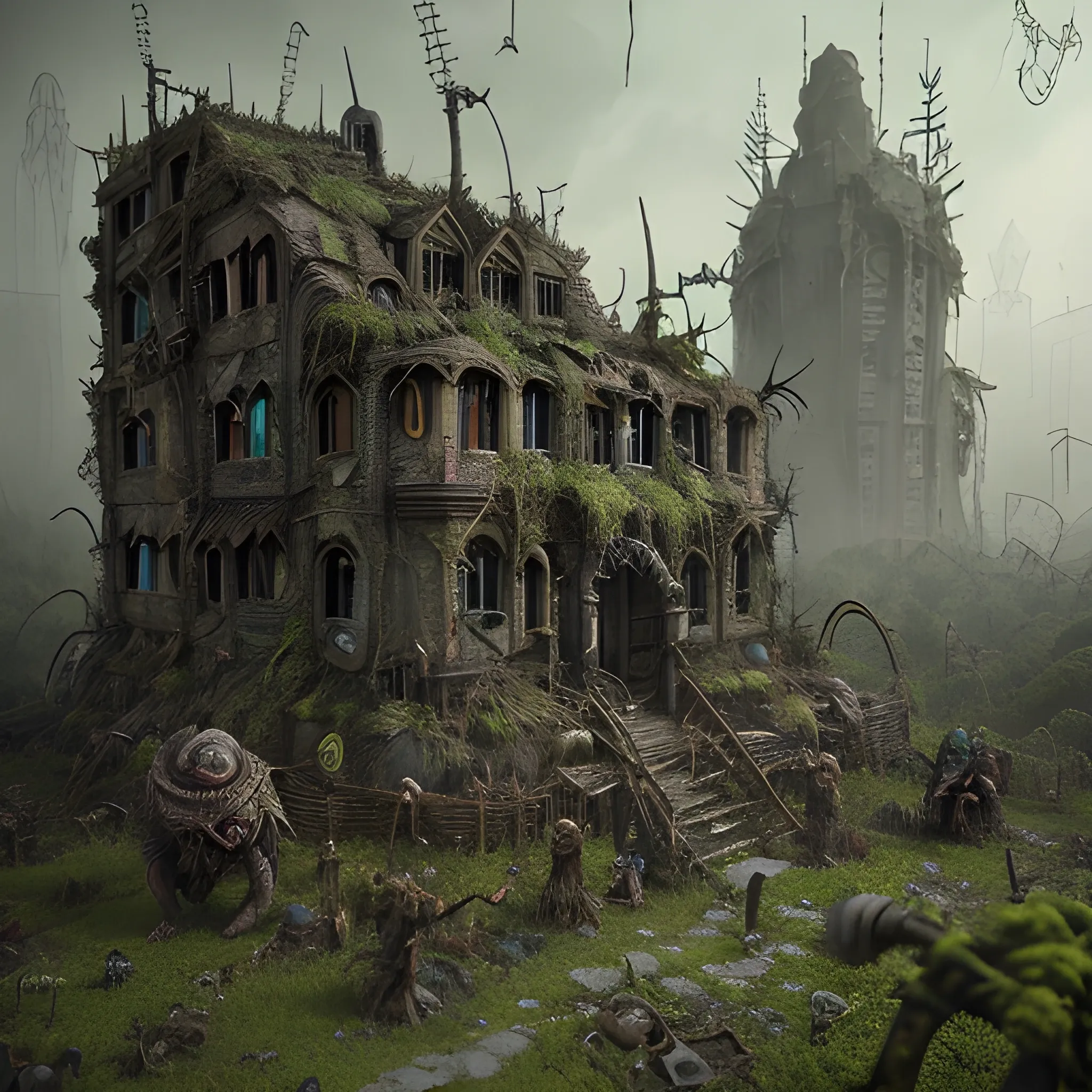 dirty, eerie orcs, goblins, ragged cloak, belts and pouches, spear,  mossy, decaying, rusty and worn,  intricate detail,  show antennas and wires and circuits, old apocalyptic city wasteland overgrown by oppressive huge forest, vines, plants and roots growing, cracking through walls, 3d render,  high detail, 