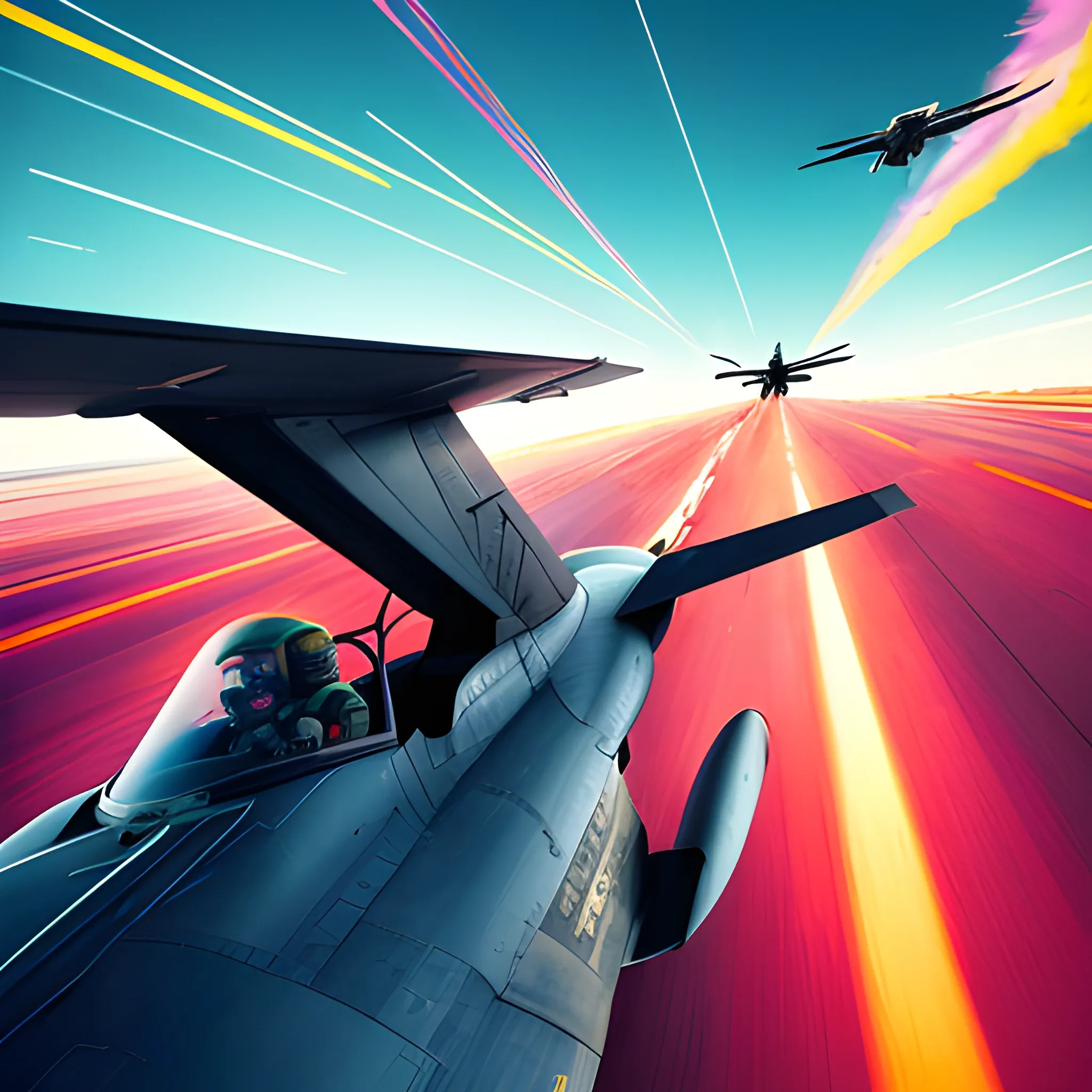A busy Highway on the ground with advanced Fighter planes soaring overhead, sleek and powerful, leaving trails of exhaust in the sky. Dynamic aerial maneuvers, intense dogfights, adrenaline-filled action.Digital illustration, bold color palette, strong contrasts, meticulous attention to detail. Tom Cruise, Top Gun movie poster, 80s retro aesthetic, vaporware, propaganda art. High-resolution digital camera, vibrant saturation, wide-angle lens, over the shoulder point of view.