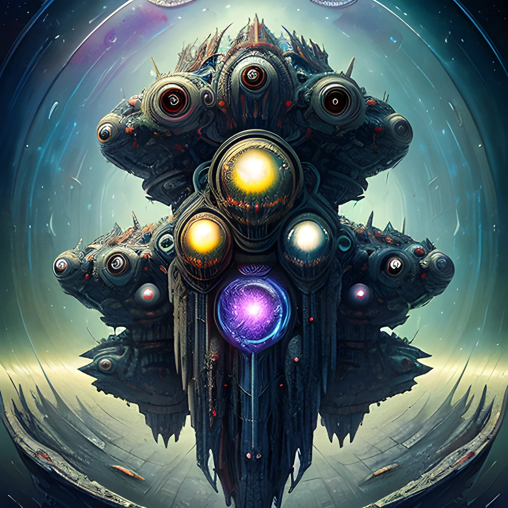 four-dimensional spacecraft being, multiverse-traveling abomination, masterpiece painting, greg rutkowski, clive barker, alex grey, ethereal sci-fi fantasy, horrifying, disturbing, cosmic horror, (center frame), balanced composition, psychedelic art, trending on artstation