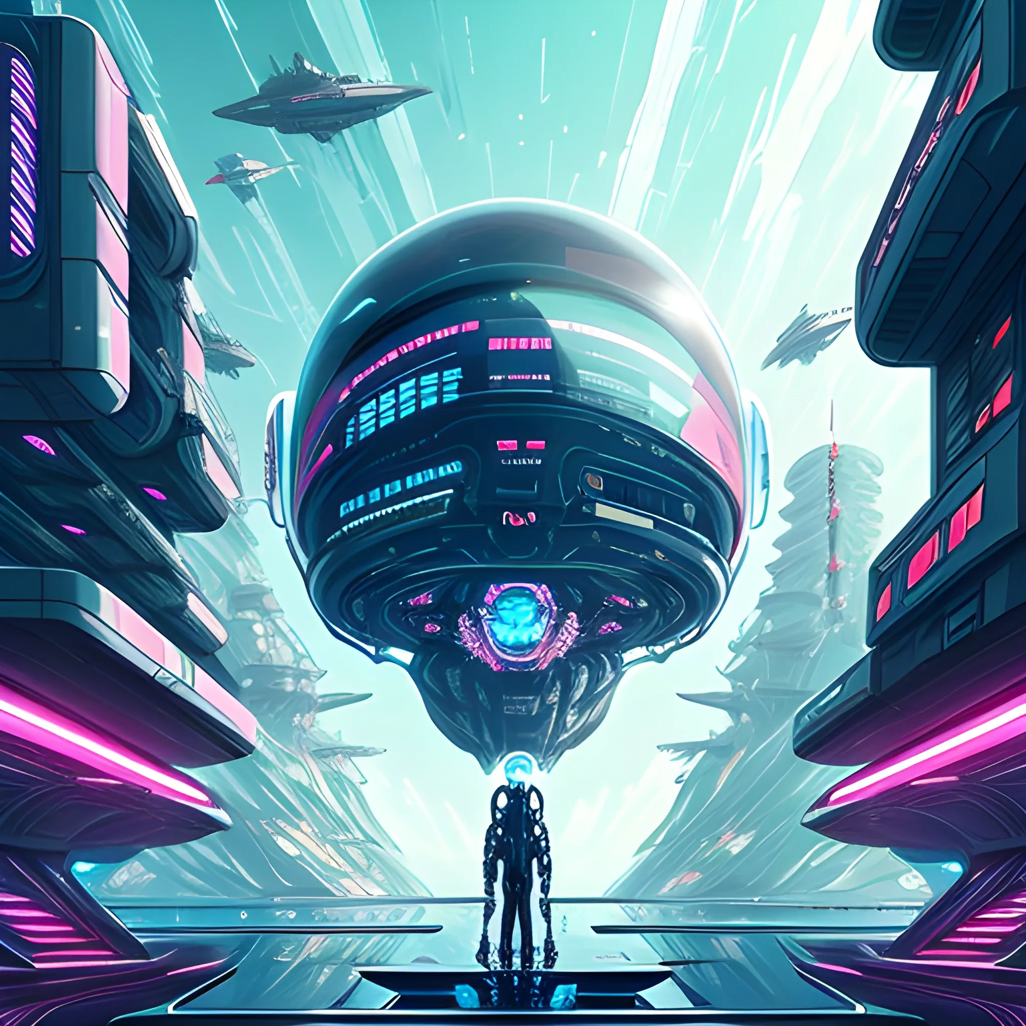 Anime art style, futuristic, cinematic, high tech human science fiction city on an ocean planet, cyberpunk, enormous Glass helmet, very detailed