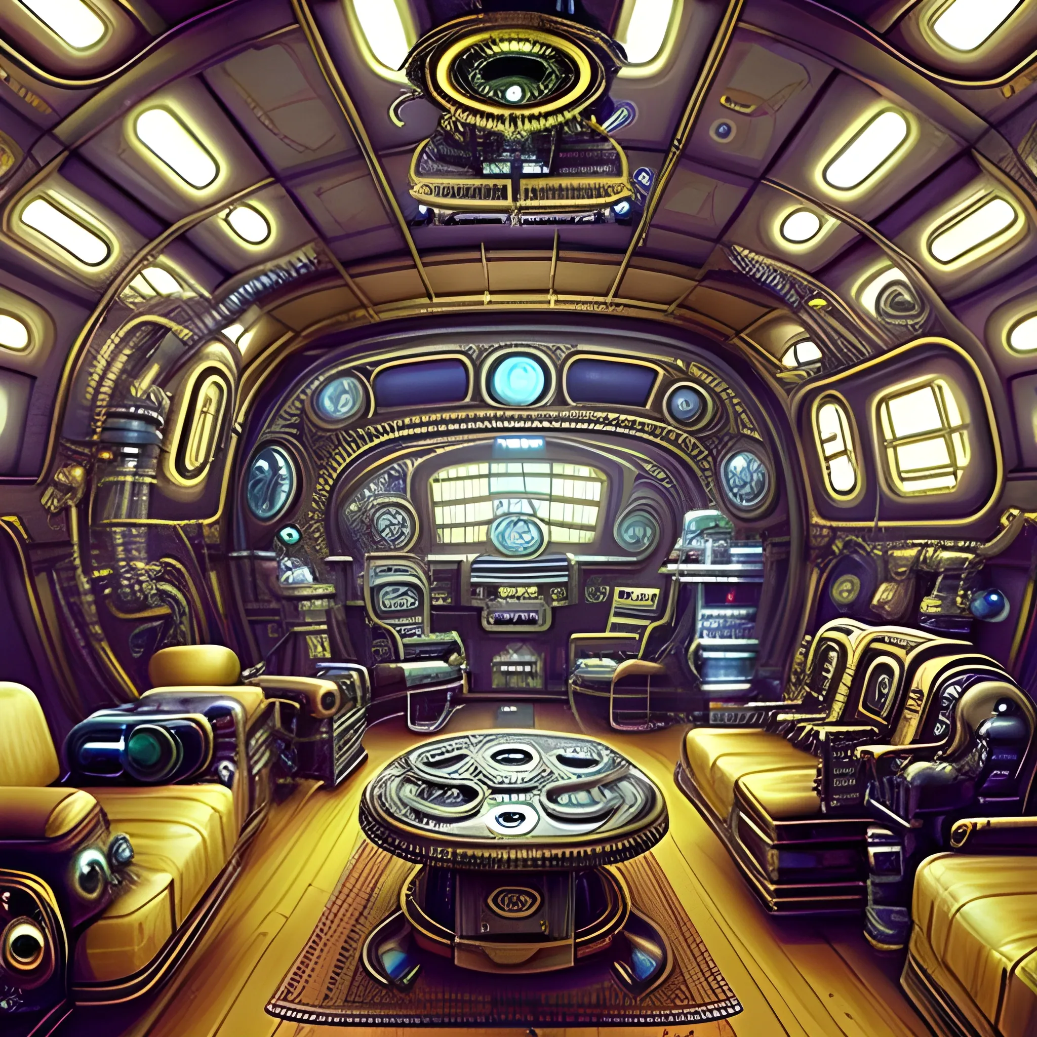 A vibrant cosmic background with a myriad of futuristic spaceships. The central focus is a large, circular space station with a unique, infinity-like shape. The central focus is a large, circular space station with a unique room.A luxurious (((steampunk-inspired))) 31st century alien living room.The house is powered by intricate machines inspired by Norman Rockwell . A 60" video screen, in the wall. Facing the alien family sitting on their couch.A starship made from the following: a beat up old washer, MRI Machine, Giant Cast Iron Wood Stove, 1934 Winnebago, tons of duct tape, odd vehicle parts, 2 large shipping containers,1924 Deusenberg, a 1934 Winnebago, tons of duct tape, odd vehicle parts, two large shipping containers, and a 1924 Deusenberg.