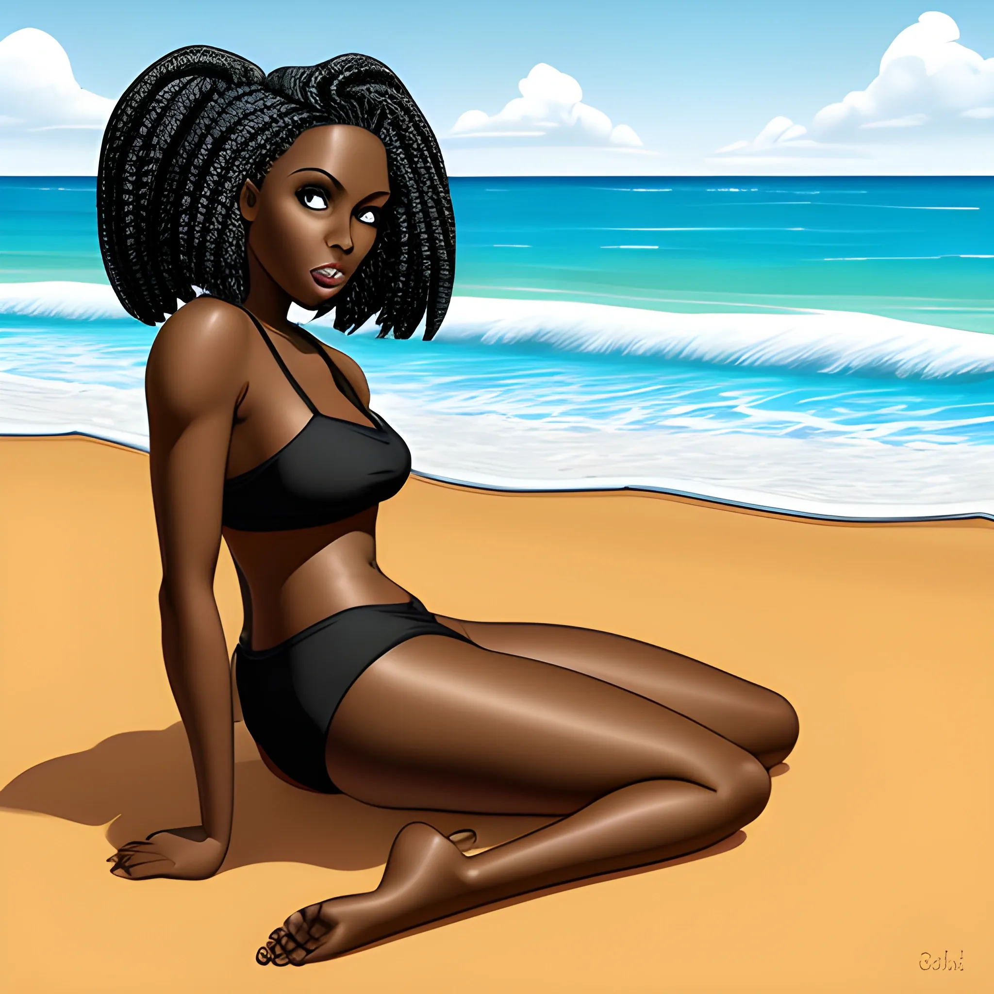 front view, realistic tall, sophisticated black woman on beach, in braids, Cartoon, bend over. background, Trippy