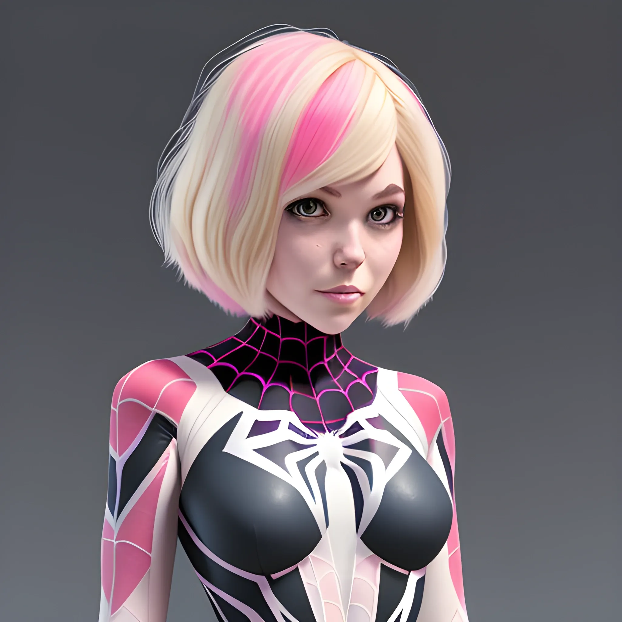 beautiful spider-gwen, blonde-pink hair, uncut bob hairstyle, thick thighs, 3D