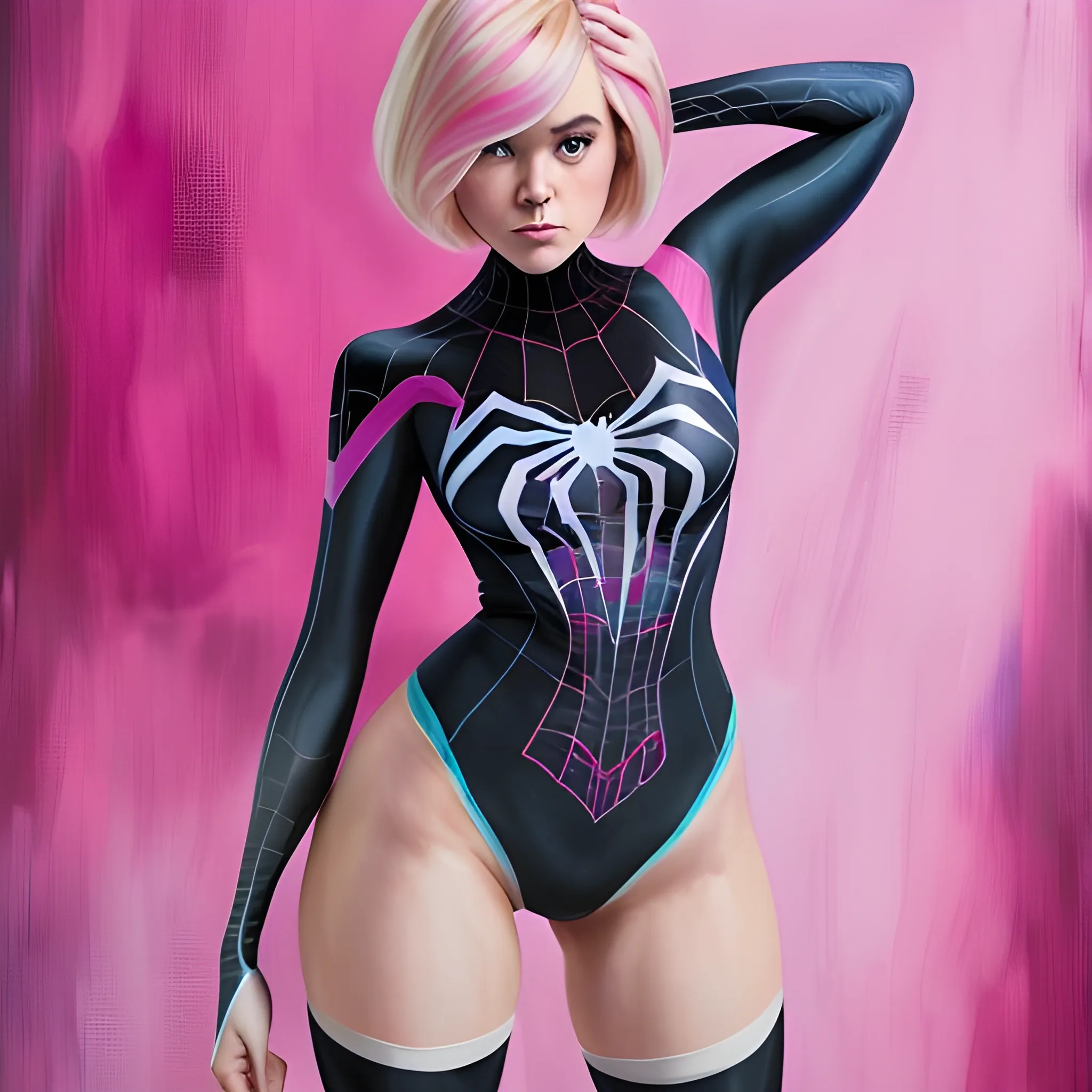 beautiful spider-gwen, blonde-pink hair, uncut bob hairstyle, thick thighs, full body shot, Oil Painting