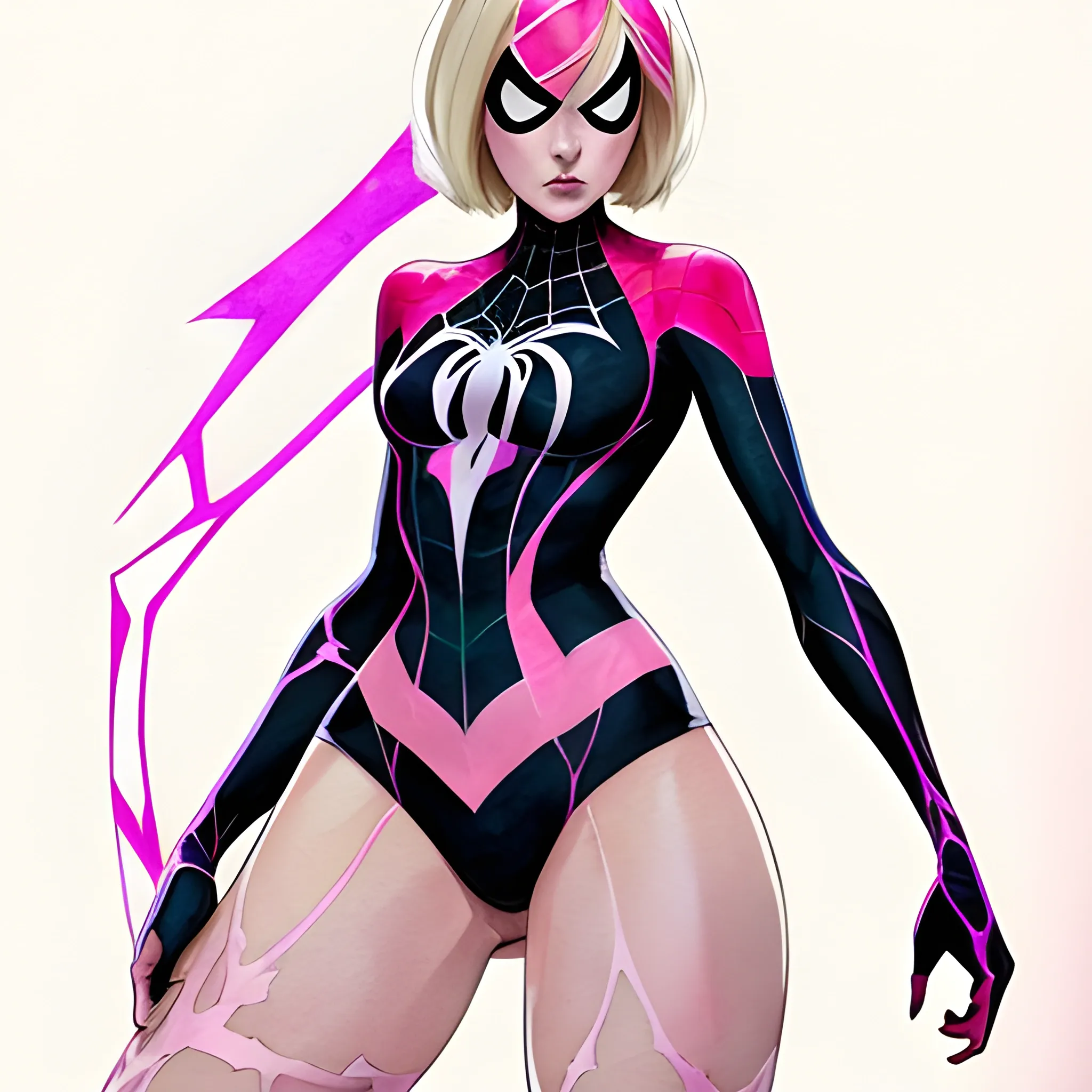beautiful spider-gwen, blonde-pink hair, uncut bob hairstyle, thick thighs, full body shot, Water Color