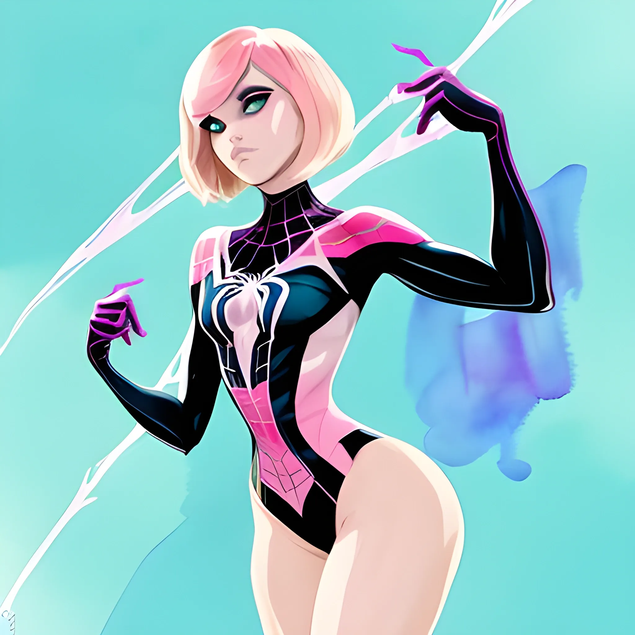 beautiful spider-gwen, blonde-pink hair, uncut bob hairstyle, thick thighs, full body shot, cyan ballet slippers, Water Color
