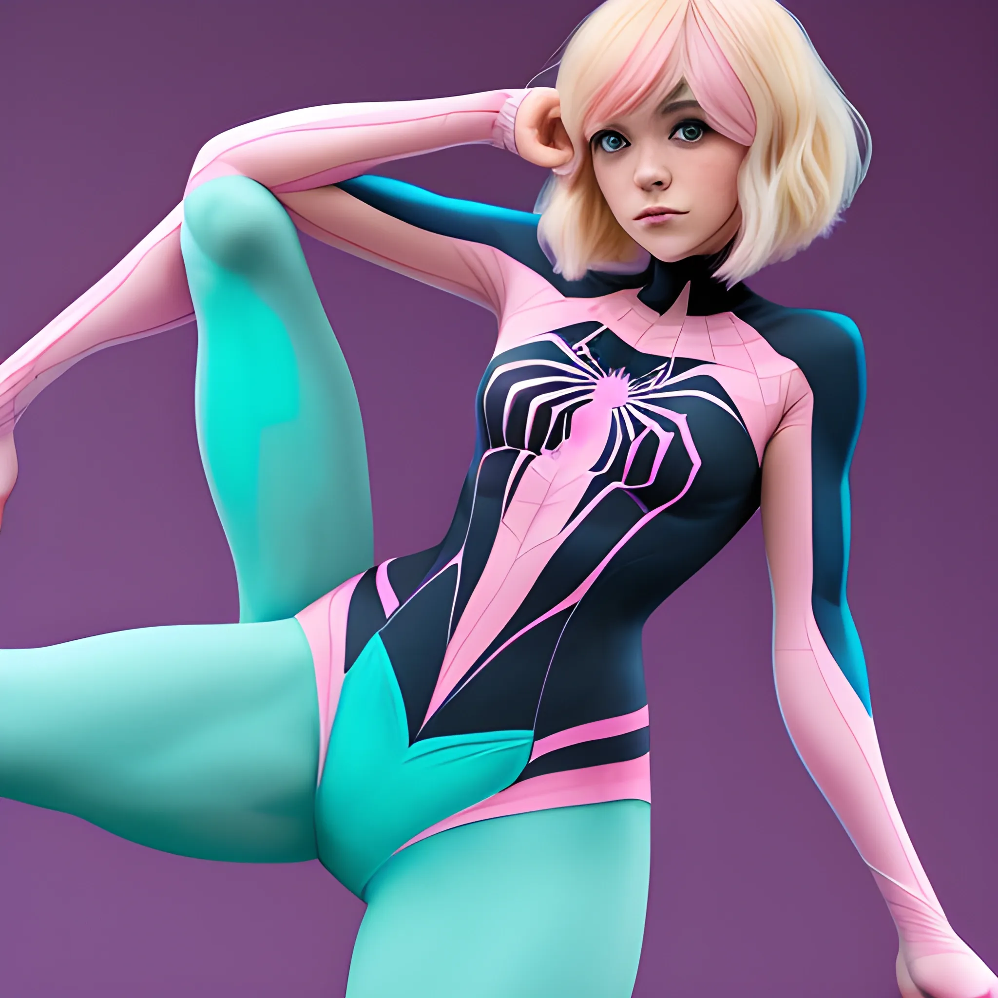 beautiful spider-gwen, blonde-pink hair, uncut bob hairstyle, thick thighs, full body shot, cyan ballet slippers, Realistic