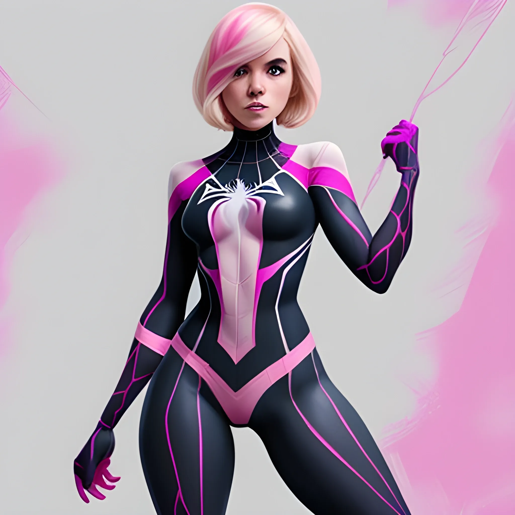 beautiful spider-gwen, blonde-pink hair, uncut bob hairstyle, thick thighs, full body shot, Realistic