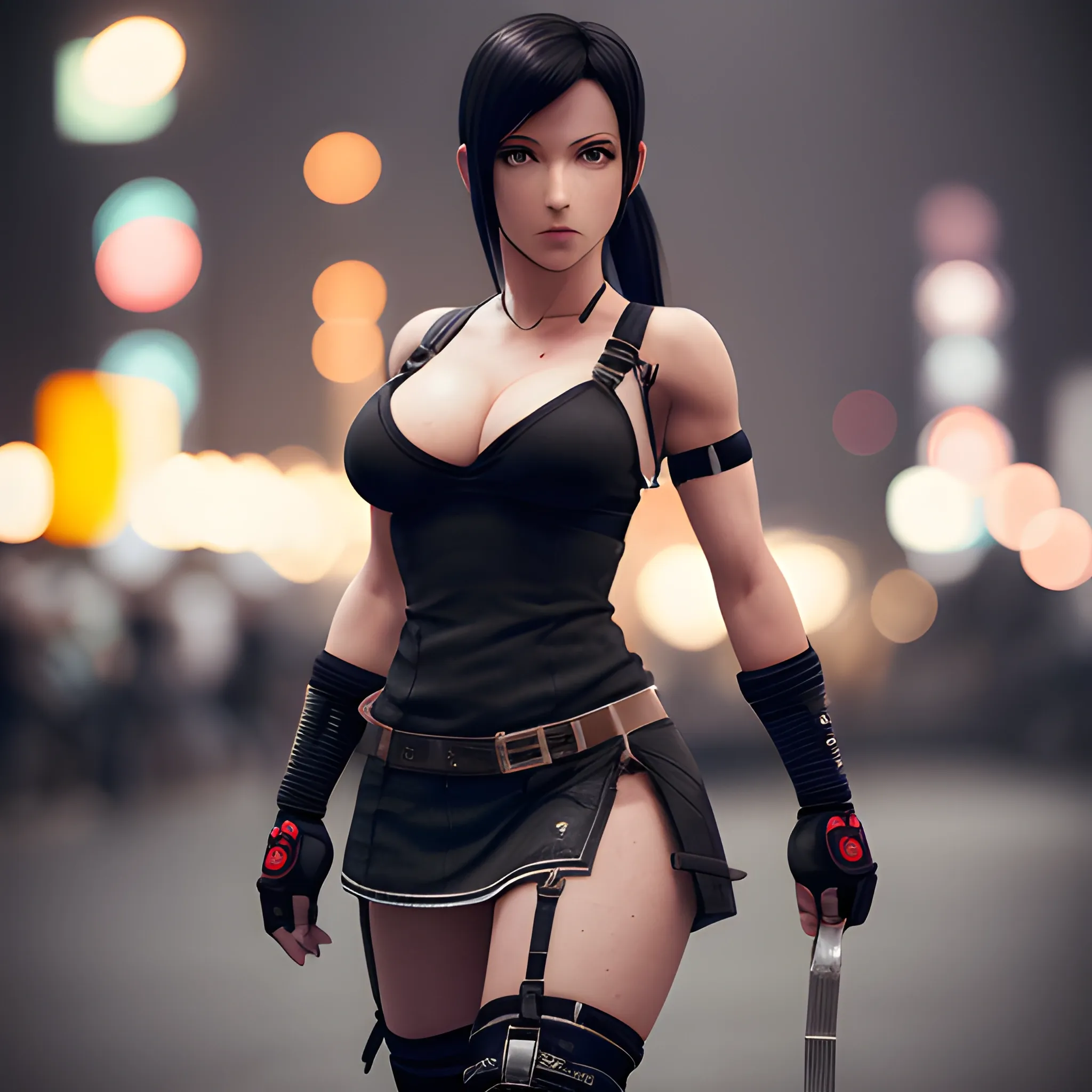 Create a detailed and accurate image of Tifa Lockhart from Final Fantasy VII. She should be depicted with her signature strapped hair, which is tied up in a long, high ponytail with a black strap. Tifa is wearing her iconic outfit: a white tank top, cleavage, big breasts, black mini-skirt, red gloves, and black combat boots. sweating. She also has her black suspenders, elbow guards, and knee-high socks.,outdoors,bokeh,(highres, highly detailed:1.2),cinematic lighting,vibrant colors,