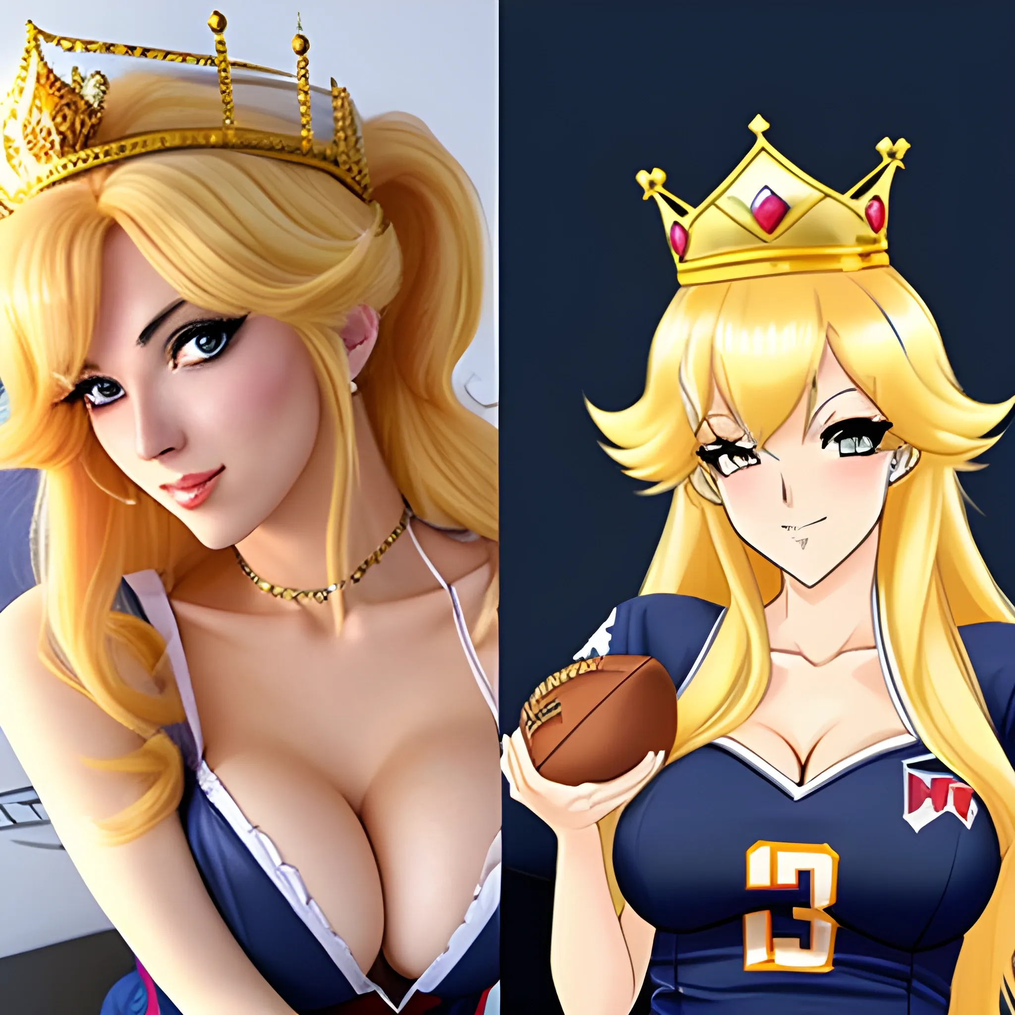 Attractive, cute, sexy anime style Princess peach blonde girl with a crown and an american football in a navy blue busch light beer jersey. The image should be sexy and have a Playboy feel to it