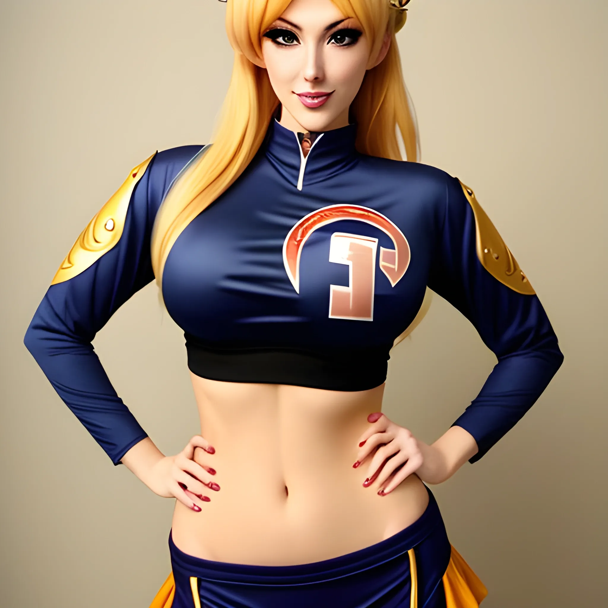 Attractive, cute, sexy anime style Princess peach blonde girl with a crown and an american football in a navy blue busch light beer jersey. The image should be sexy and have a Playboy feel to it