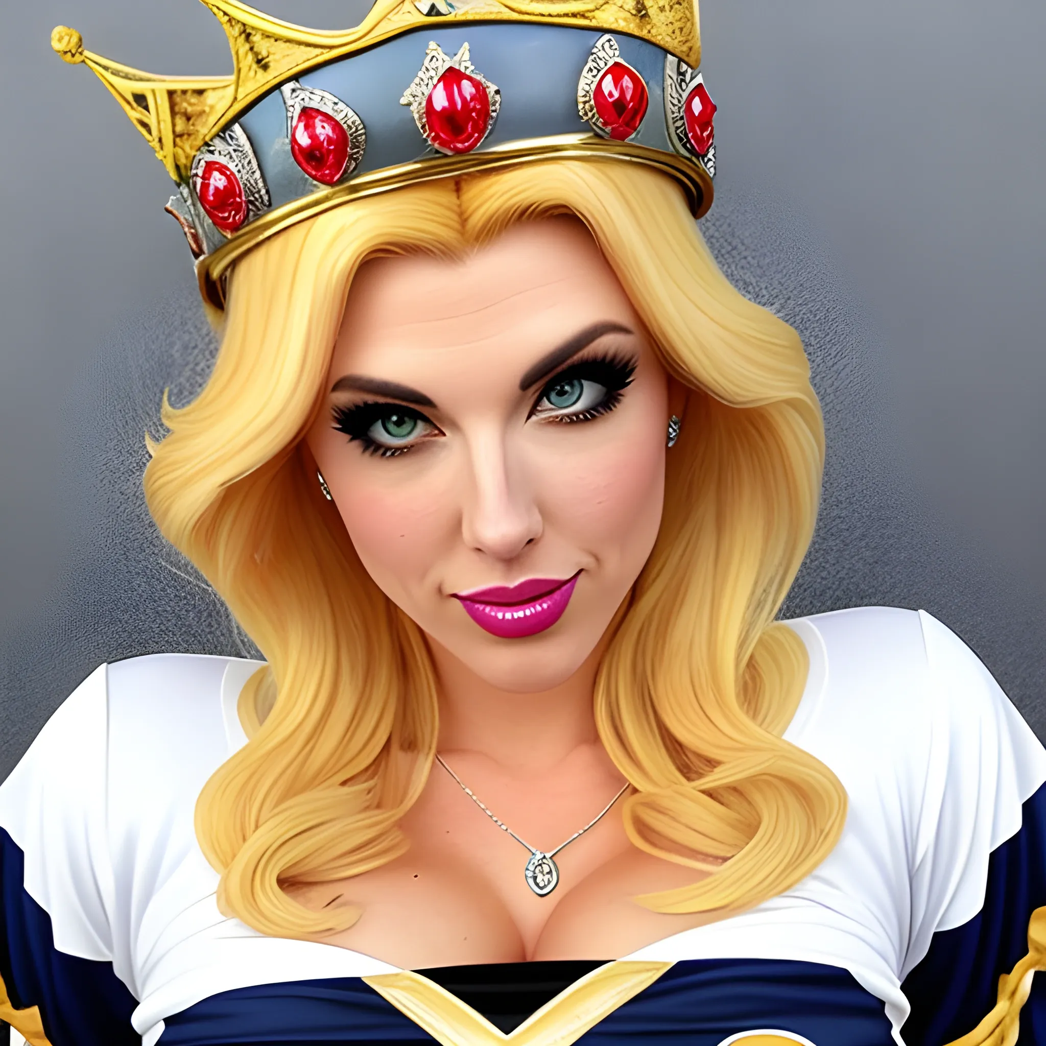 Attractive, cute, sexy Princess peach blonde girl with a crown and an american football in a navy blue busch light beer jersey. The image should be sexy and have a Playboy feel to it with the girl leaning in towards the camera