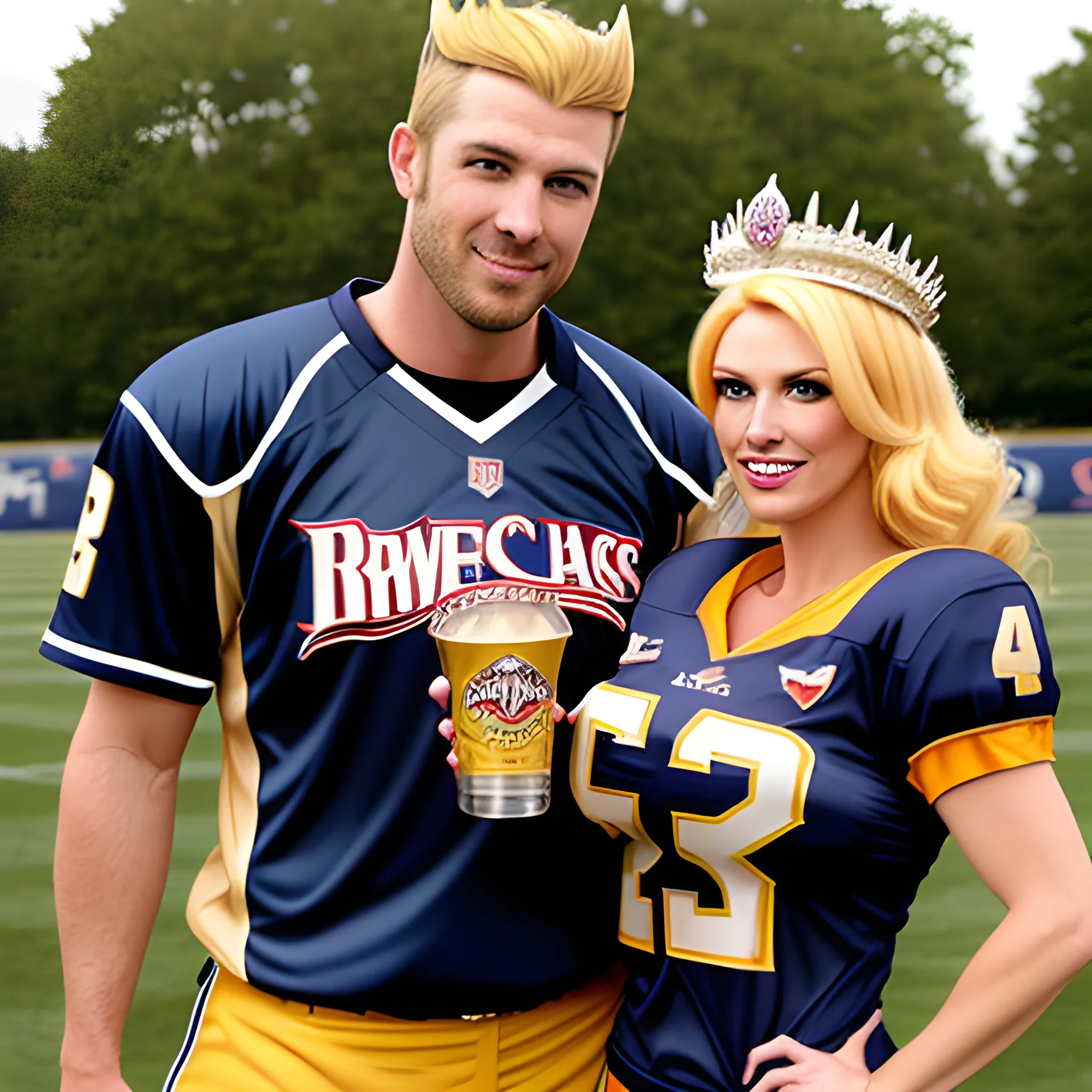 Attractive, cute, sexy Princess peach blonde girl with a crown and an american football in a navy blue busch light beer jersey. The image should be sultry with the girl leaning in towards the camera