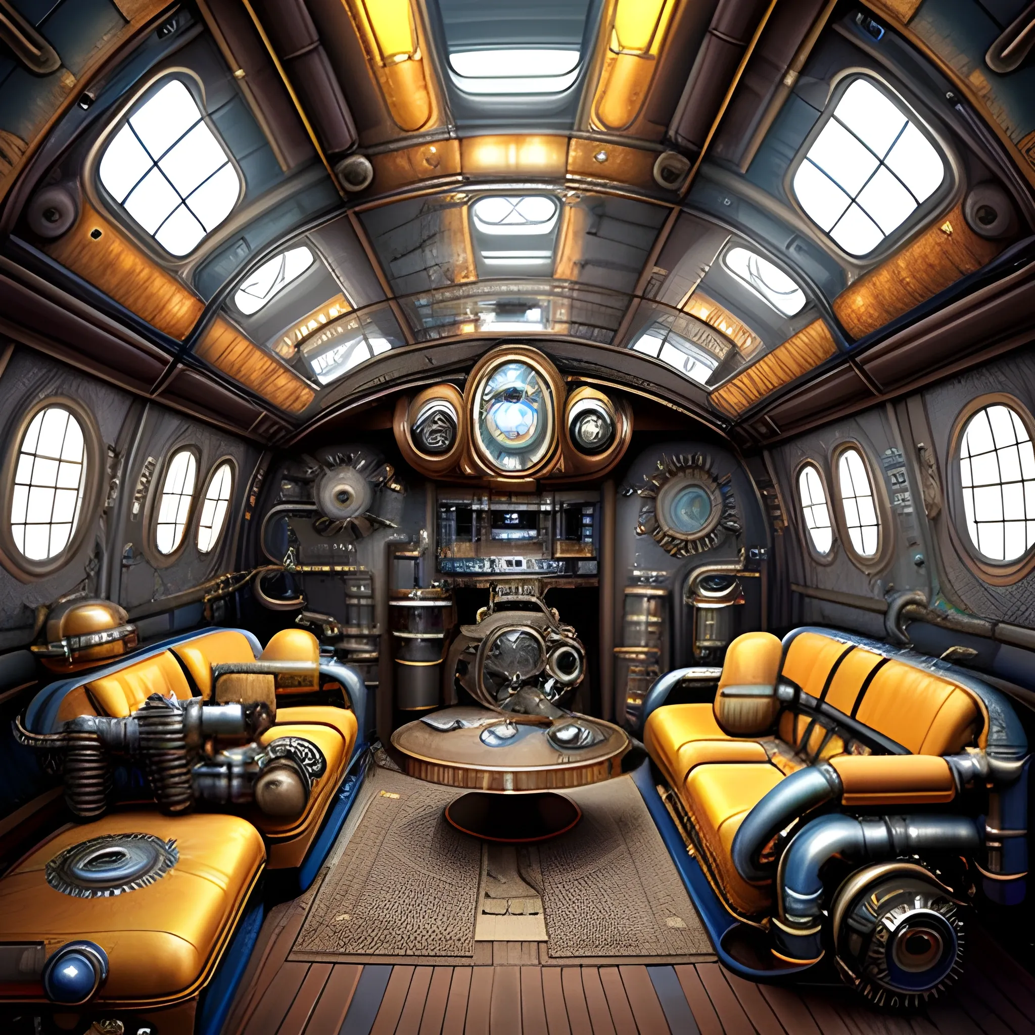 A vibrant cosmic background with a myriad of futuristic spaceships. The central focus is a large, circular space station with a unique, infinity-like shape. The central focus is a large, circular space station with a unique room.A luxurious (((steampunk-inspired))) 31st century alien living room.The house is powered by intricate machines inspired by Norman Rockwell . A 60" video screen, in the wall. Facing the alien, with human heads, family sitting on their couch.A starship made from the following: a beat up old washer, MRI Machine, Giant Cast Iron Wood Stove, 1934 Winnebago, tons of duct tape, odd vehicle parts, 2 large shipping containers,1924 Deusenberg, a 1934 Winnebago, tons of duct tape, odd vehicle parts, two large shipping containers, and a 1924 Deusenberg.