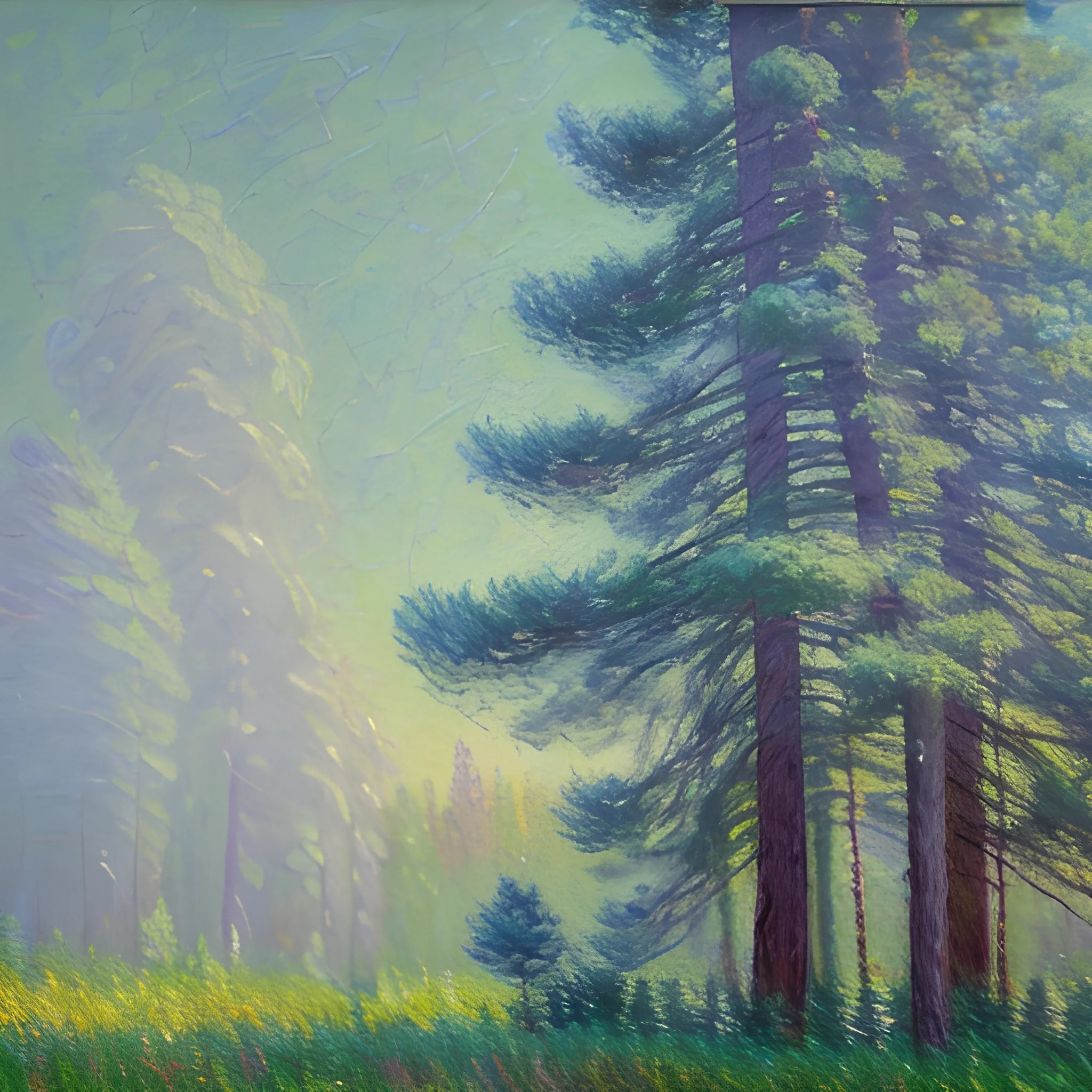 A tall pine tree stretching towards a cloudy sky, with a sense of peace and tranquility, [oil painting, impressionist style], [inspired by the works of Claude Monet], [soft brushstrokes, muted colors, focus on light and atmosphere, textured canvas, natural lighting], Oil Painting